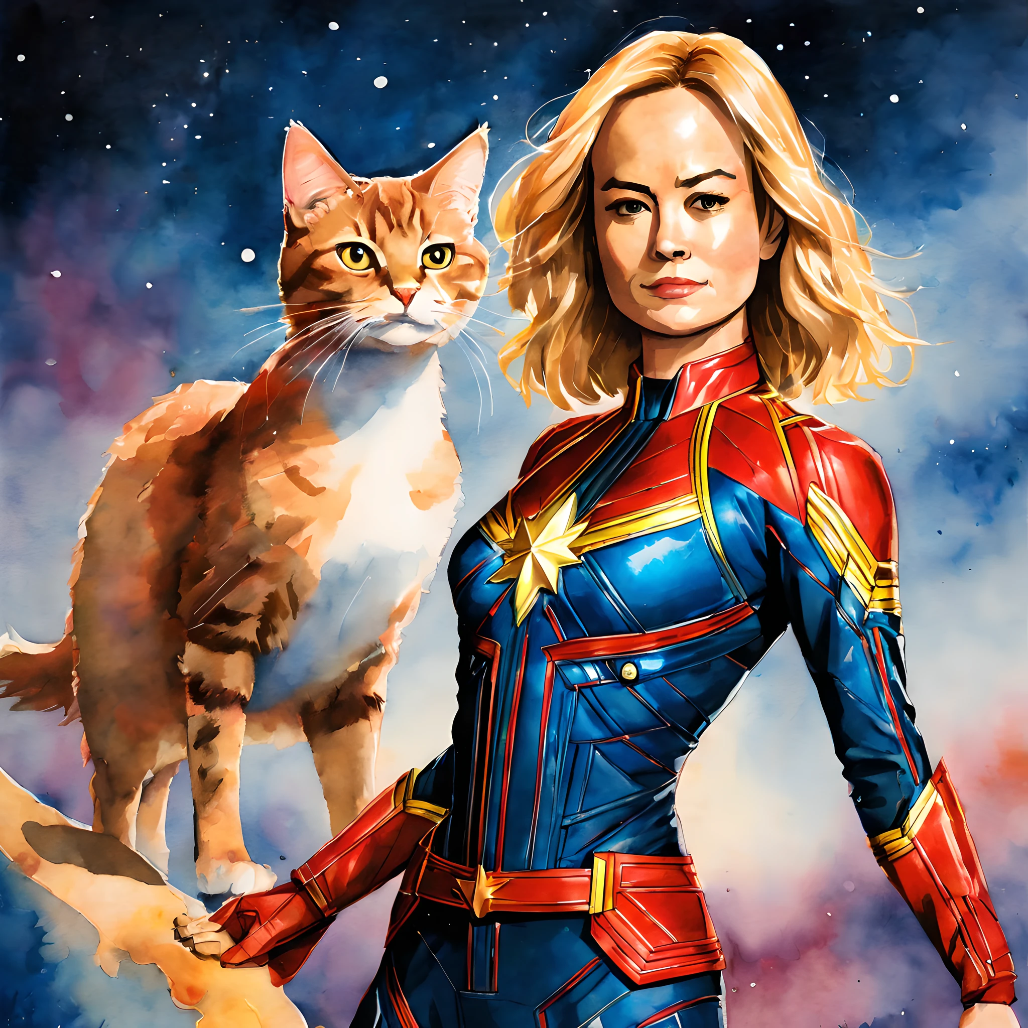 (Goose cat and Captain Marvel:1.5), (Marvel theme:1.5), (ink and watercolor painting:1.5), (Tasteful:1.5), (ink and watercolor painting:1.5), (full color:1.5), 8k, 4k, (landscapes:1.5), (standing at Universe:1.5), (Flerken:1.5),(universe:1.5), (space:1.5),