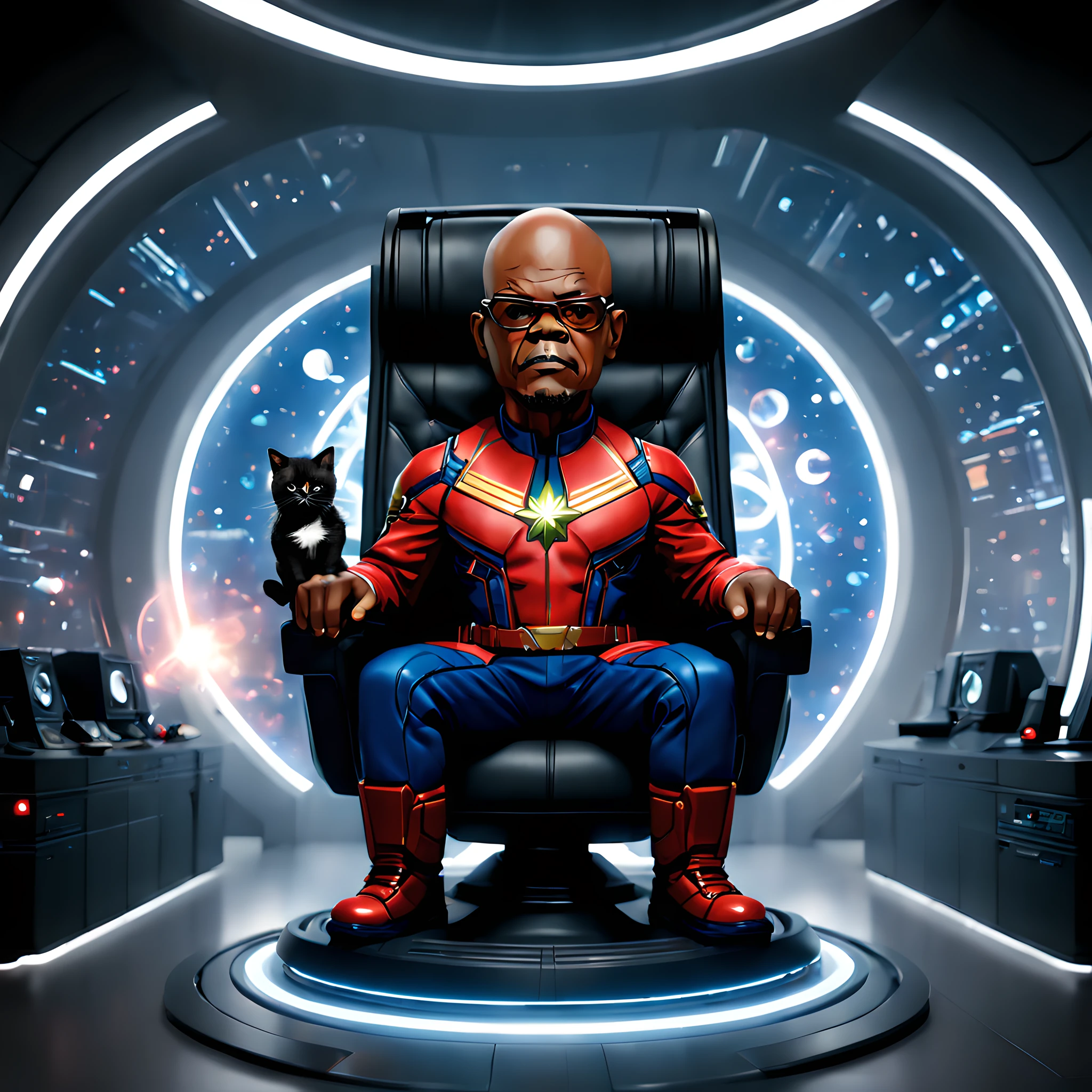 (Pixel art:1.5), (pixel theme:1.5), (chibi emote:1.5), (chibi character:1.5),(fantasy:1.5), (Inspiration from Captain Marvel:1.5), (Samuel L. Jackson sits in a futuric black chair, Holding a cat:1.5), (at avengers base:1.5),(Flerken:1.59,