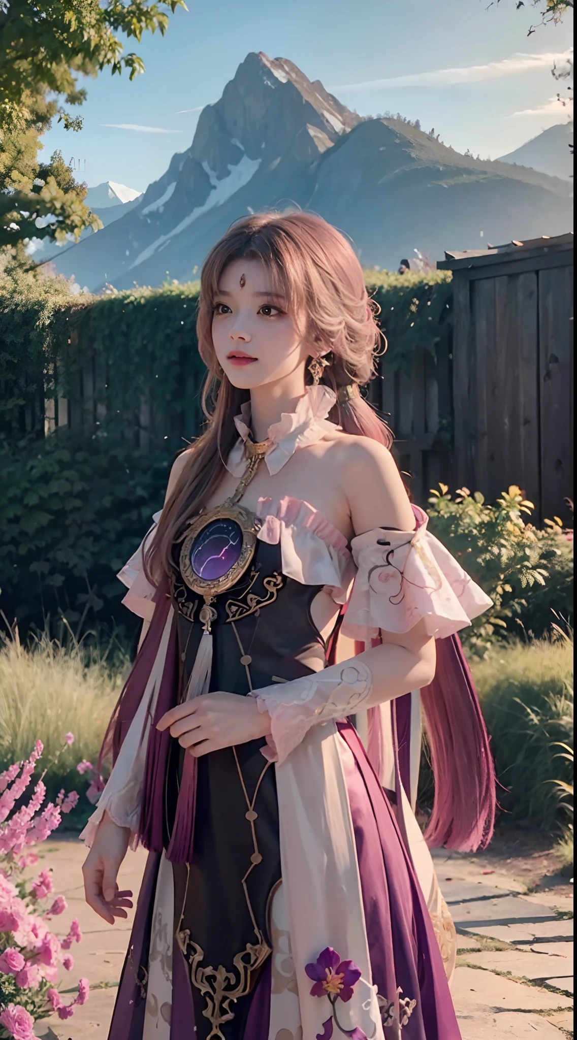 A girl standing on a flower field looking up,, delicate background, distant mountains, trees BREAK production art, (warm light source: 1.2), intricate details, volumetric lighting BREAK (masterpiece: 1.2), (best quality), 4k, super detailed, (dynamic composition: 1.4), rich detail, (luminous, atmospheric lighting), (solo: 1.2), especially many details, delicate hair, messy hair, smile, sunset, hanfu, antique style,