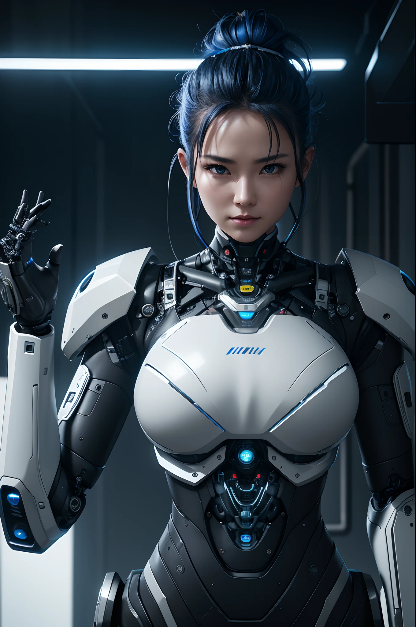 Intelligent Bionic Robot、femele、Cyborg Robot Parts、cable electric wires、microchips、bright studio、hyperphotorealism、high-detail、intricate detailes、softlighting、Rim Lights、Rendering by octane number、Unreal Engine 5 Renders、Mechanical Public Enemy Style、8K、Top image quality、​masterpiece、Low ISO、White Balance、High-key lighting、Shallow depth of field for a soft and graceful feel、超A high resolution、Big Breast Machine、cyberpunked、Blue Mohawk、Connected to a large number of cables、In the process of being made、