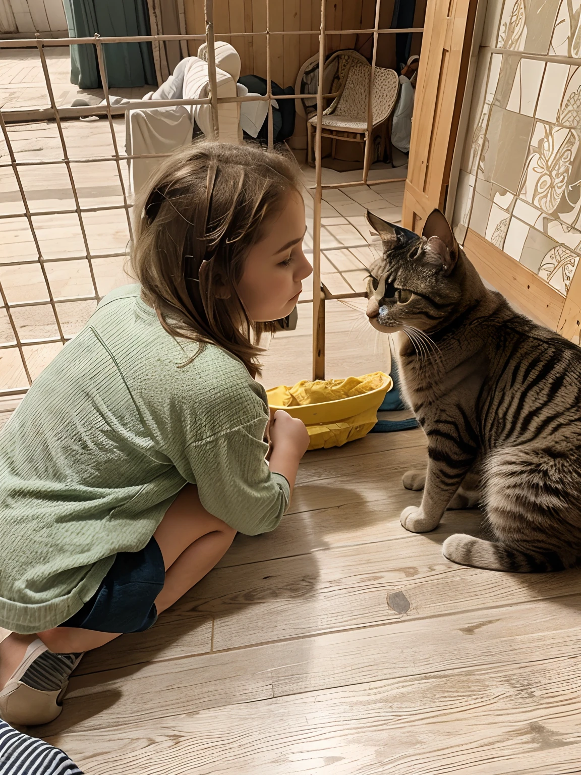 a beautiful background, Cat and Child , Floors, background, Kemi, dacha , Comfort, realistness, hight resolution, hiquality, Changing clothes