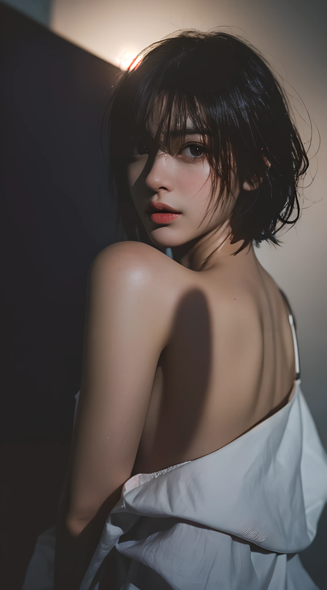 Best quality, masterpiece, ultra high res, (photorealistic:1.5), raw photo, 1girl, offshoulder, in the dark, deep shadow, low key, cold light, sexy look, short hair
