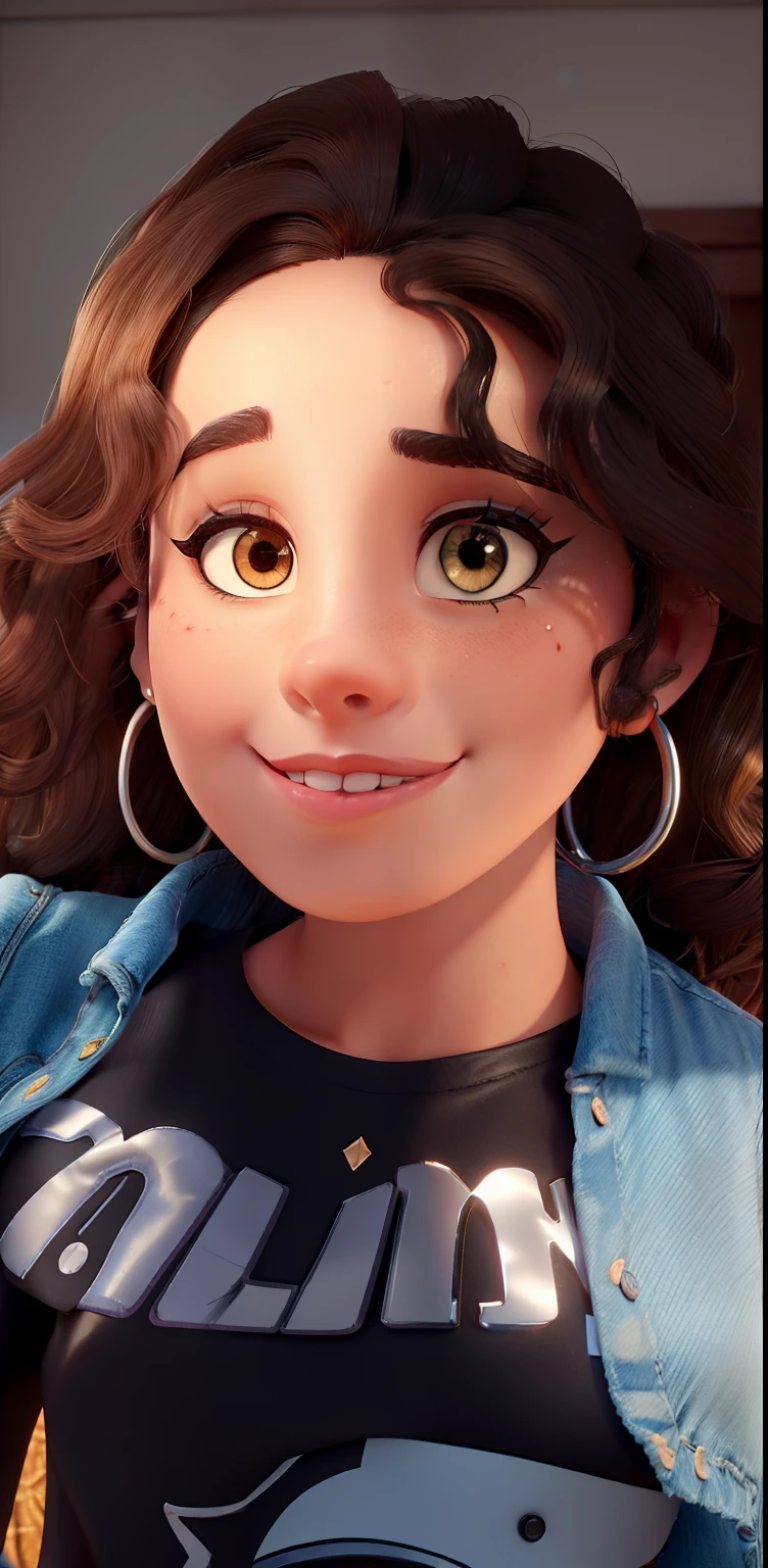 Um mulher morena baixinha tenho 1,58 tall has short medium curly dark brown hair light brown eye has well-drawn black eyebrows is wearing silver hoop earring a beautiful mouth is wearing ripped blue denim jacket is wearing black and white Mickey Mouse blouse is taking a selfie with I'm 22 years old her name is Larissa is sexy sensual charming gorgeous