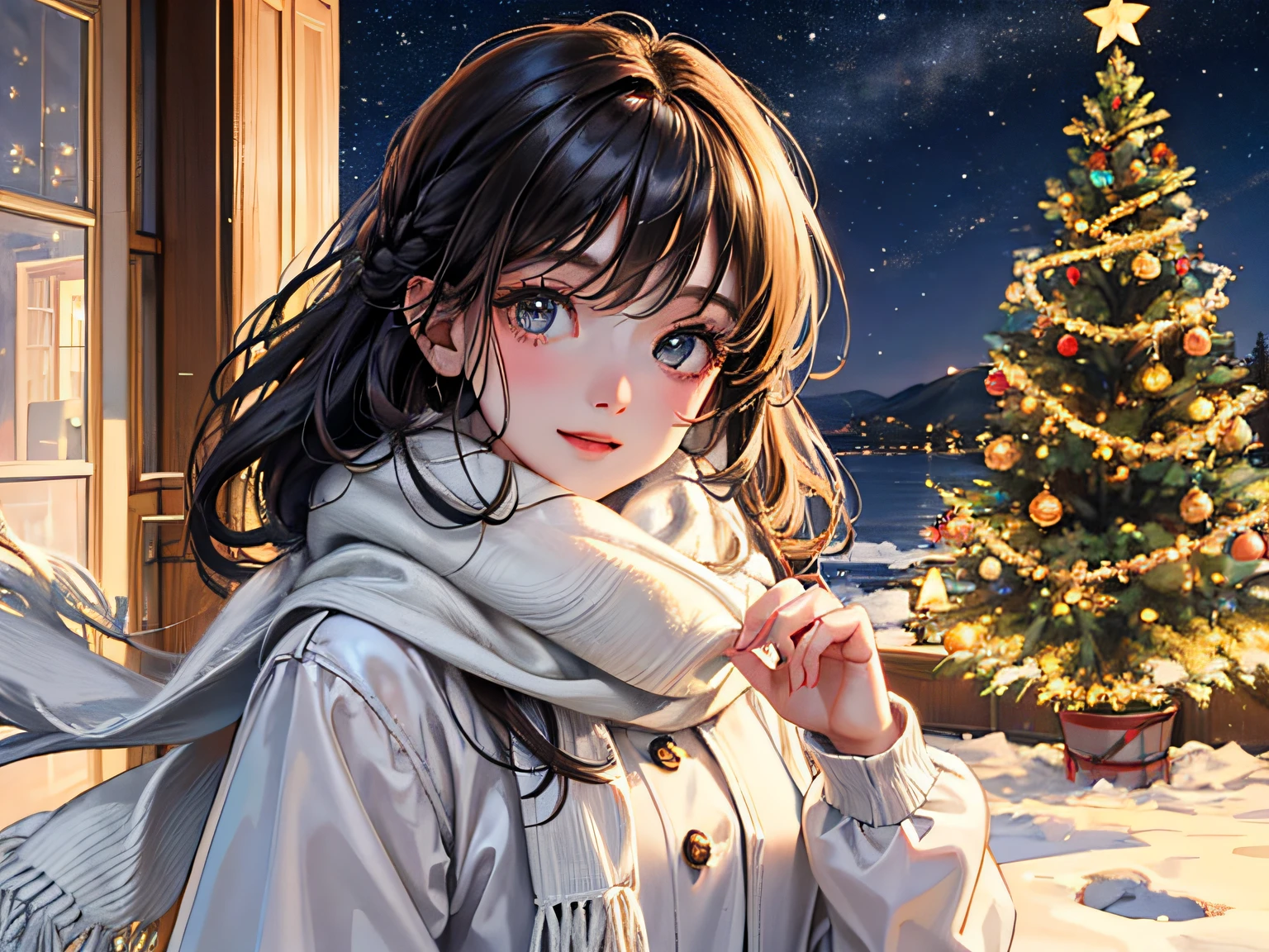 (High quality, 8K), (Soft light),Winters, Upper body,  (Christmas,Christmas tree, illumination), Wavy Hair, Real Style, Winter scene, Detailed face, Detailed eyes, Detailed beautiful hair, Night, Starry sky, Sparkling eyes, Smile, Warm, Casual dress, scarf