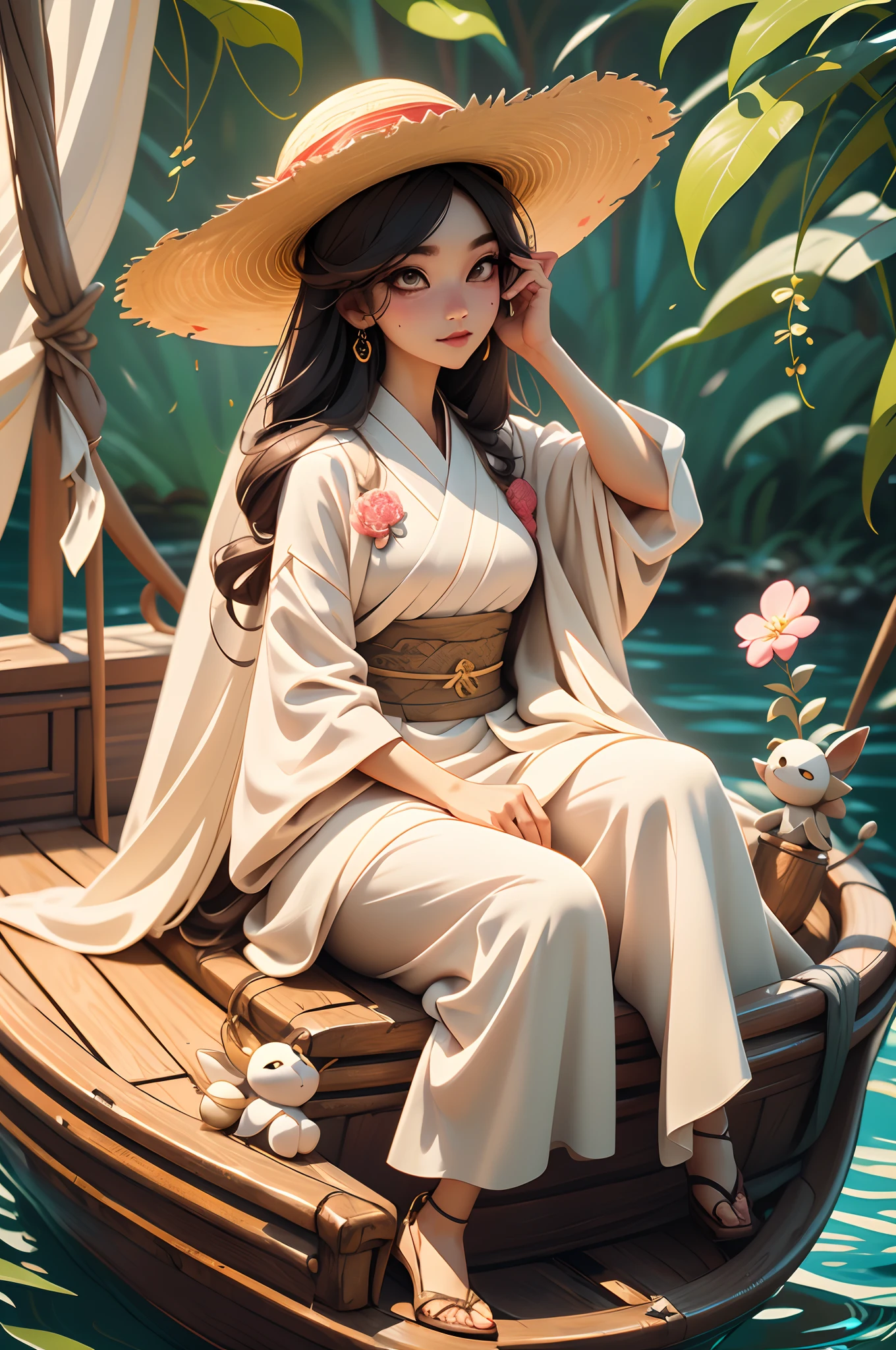 Alphads in straw hats sitting on boats, Cai Xukun, Hanfu, Chinese style, White Hanfu, Inspired by Bian Shoumin, inspired by Liu Jun, with acient chinese clothes, inspired by Huang Gongwang, inspired by Gu An, inspired by Chen Daofu, Inspired by Xiao Yuncong, inspired by Wu Bin