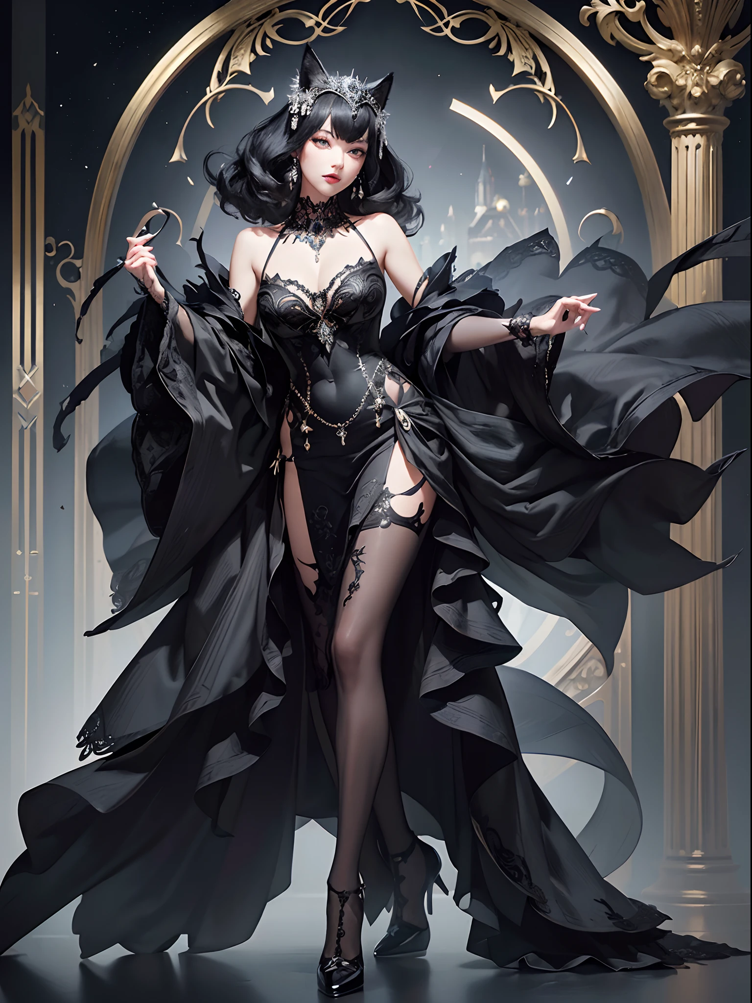 Black cat motif、Black and silver tones、Vibrant colors、((masterpiece)))、(((top-quality)))、((ultra-detailliert))、(A hyper-realistic)、(highly detailed CGillustration)、Official art、Stockholm in the 1920s、Decadent、Madame Cat Noir、Masquerade、Elegance、Masks that cover the eyes、Colorful and detailed mask design、matchless beauty、Fans、Female Solo、gorgeous dress、jewely、Perfect Angle、Dynamic Poses、→ direction、perfect-composition、full body Esbian