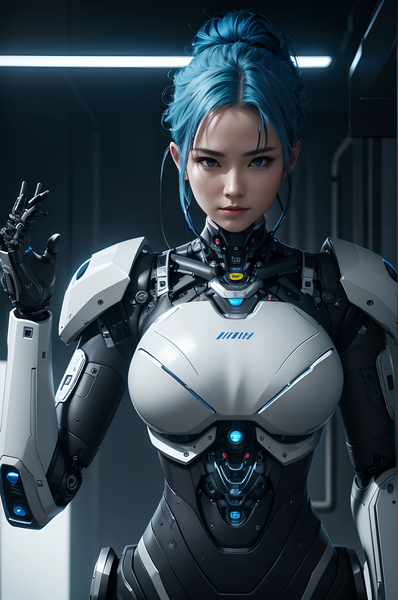 (beautiful cybernetic girl)), ((mechanical limbs)), (blood vessels connected to tubes), (mechanical vertebrae), ((mechanical cervical attaching to neck)), (wires and cables attaching to neck:1.2), ((mass of wires and cables on head)), (character focus), (((dynamic pose))), (masterpiece), (((best quality))), ((ultra-detailed)), (highly detailed photorealistic CG illustration), cinematic lighting, science fiction, extremely detailed,colorful,highest detail, cyberpunk city background.silver eyes , neon lights ,colored hair