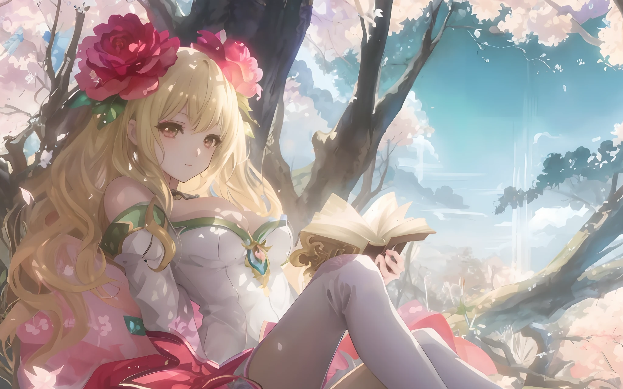 Anime girl sitting on a tree branch reading a book, Anime fantasy artwork, Anime fantasy illustration, 2. 5 D CGI anime fantasy artwork, shadowverse style, beautiful fantasy anime, beautiful and seductive anime woman, Extremely detailed Artgerm, beautiful fantasy maiden, fantasy beautiful, Fantasy art style, shadowverse, Anime goddess, spring goddess, ! Dream Artgerm