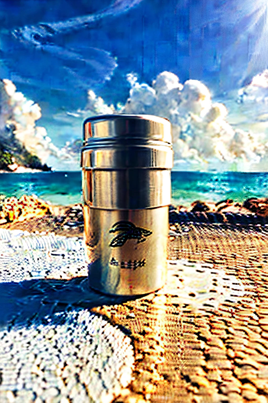 Beautiful sandy beach with a coconut palm,Waves roll up in the distance,There is a thermos mug on the beach,There were birds and white clouds in the sky。 Warm tones,High saturation,The picture is clear,Present a sunny appearance