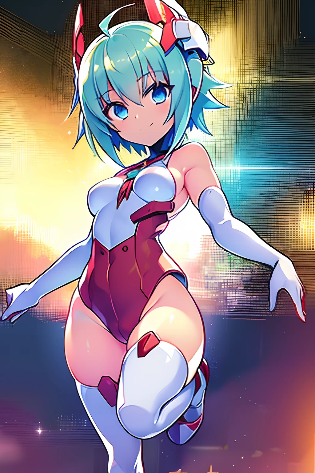 2d, masterpiece, best quality, anime, highly detailed face, highres, absurdres, incredibly absurdres, full_body, highly detailed background, 1girl, realistic hands, five fingers, elbow gloves, gloves, green hair, headgear, looking at viewer, blue eyes, short hair, solo, solo focus, sfw, black gloves, lola, white thighhighs (Masterpiece),(top-quality),in 8K, a beauty girl,Full body like,((small udder)),((skinny thigh)),(((Very Shorthair:1.3))), Nice big blue eyes, (High detail eyes), smiling, green hair, Hair fluttering in the wind,,(Red swimsuit:1),(Sports type swimwear:0.9),(Bikini type swimsuit:1.3)Swimsuit with a visible stomach,  Girl,((hight resolution,nffsw,Perfect Pixel,depth of fields)),Beautiful anime girl, Beautiful Art Style,(soio), (highdetailskin：1.3), High school students,Mature body,Running, Soft skin,shores,sand beach,evening,Shiosai,gentle wind,a smile,blushing with embarrassment,Looking Up, Overhead configuration,Floating Droplets, Lens Flare, Fine Features,optimal ratio of four fingers and one thumb,Perspective, Glow white particles, flare, Fine Features, Perfect Anatomy Tommy, Centered, Perfect distance, Highly detailed, with an intricate, acurate, Highly detailed rich colors, Rich colors, clean, Rich colors, elaborate details, golden ratio illustrations , lola, green hair, big detailed eyes, blue eyes, Red mecha headgear, fully robotic!! girl, nanogirlv 2, symphogear, fully robotic!, mecha suit