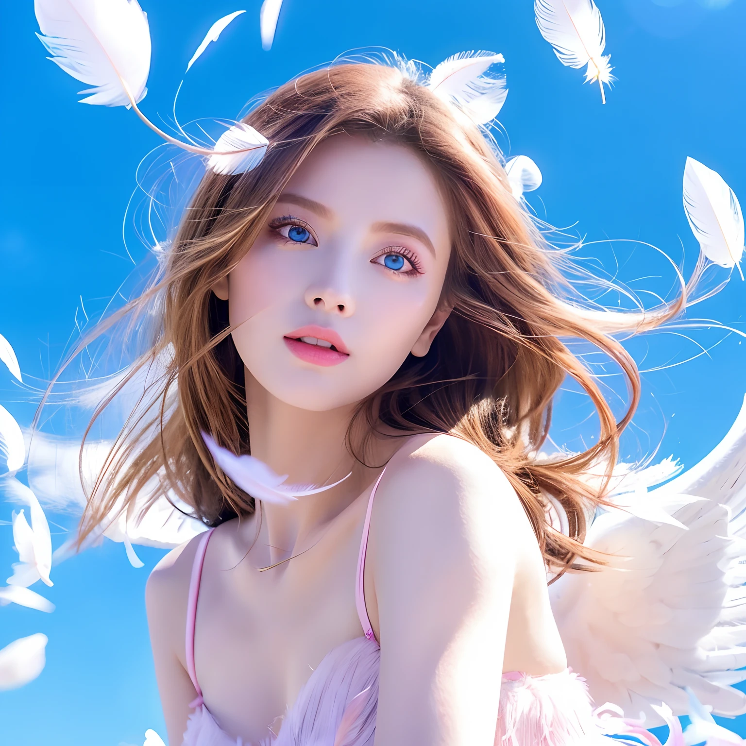angelicales、Beautiful woman、blue eyess、blue open sky、Soaring in the sky、Sparkling light、White feathers、Pink lips, high quality image