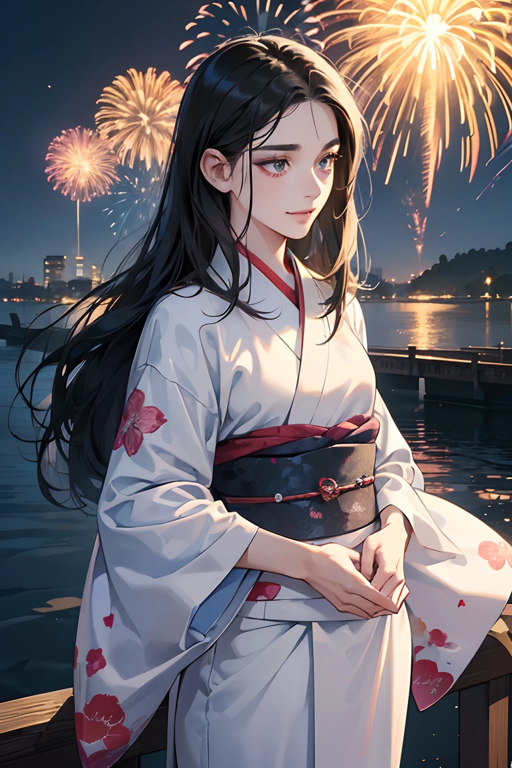 (masutepiece, Digital Art, Digital Illustration, 4K, 8K, Ultra-detailed, beautiful image, Sharp Image, Photorealistic, Raw photo, Perfect face, Perfect lines, Perfect eyes, Soft lighting) ,1 woman, (Long Black Hair,straight haired,Bullish gaze,Beautie,ellegance,Solid makeup,23 y-o woman,small tits:1.3),Two handsome men in suits, (ember,Men in suits,well-muscled,Firm shoulder width,Adult male,Boyish hairstyle,English gentlemanly style,Man in his 30s with a cool expression,28-year-old man with bright smile:1.2),Show white teeth and smile(embarrassed from,Shy smile:1.1),(Nervous,be shy,sleepy,embarrassed from:1.1),Open your thin mouth,innocent smiles,Looking at the camera,Dating,River,natta,Fireworks Festival,Japan Traditional Night Kimono,Standing,raise arms,Kimono with dark blue firefly pattern