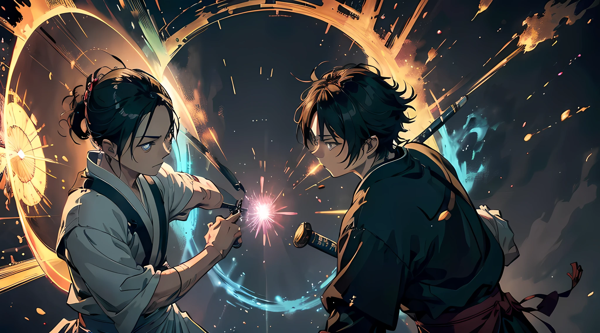 (2 man) historic samurai duel, (epic duel), (highly detailed, eyes finely detailed), (half body:0.6), battle with magical aura, magical particles, magical atmosphere, colorful swirling portal, dark magic, masterpiece, high-resolution, masterpiece, top-quality, detailed, High resolution illustration.