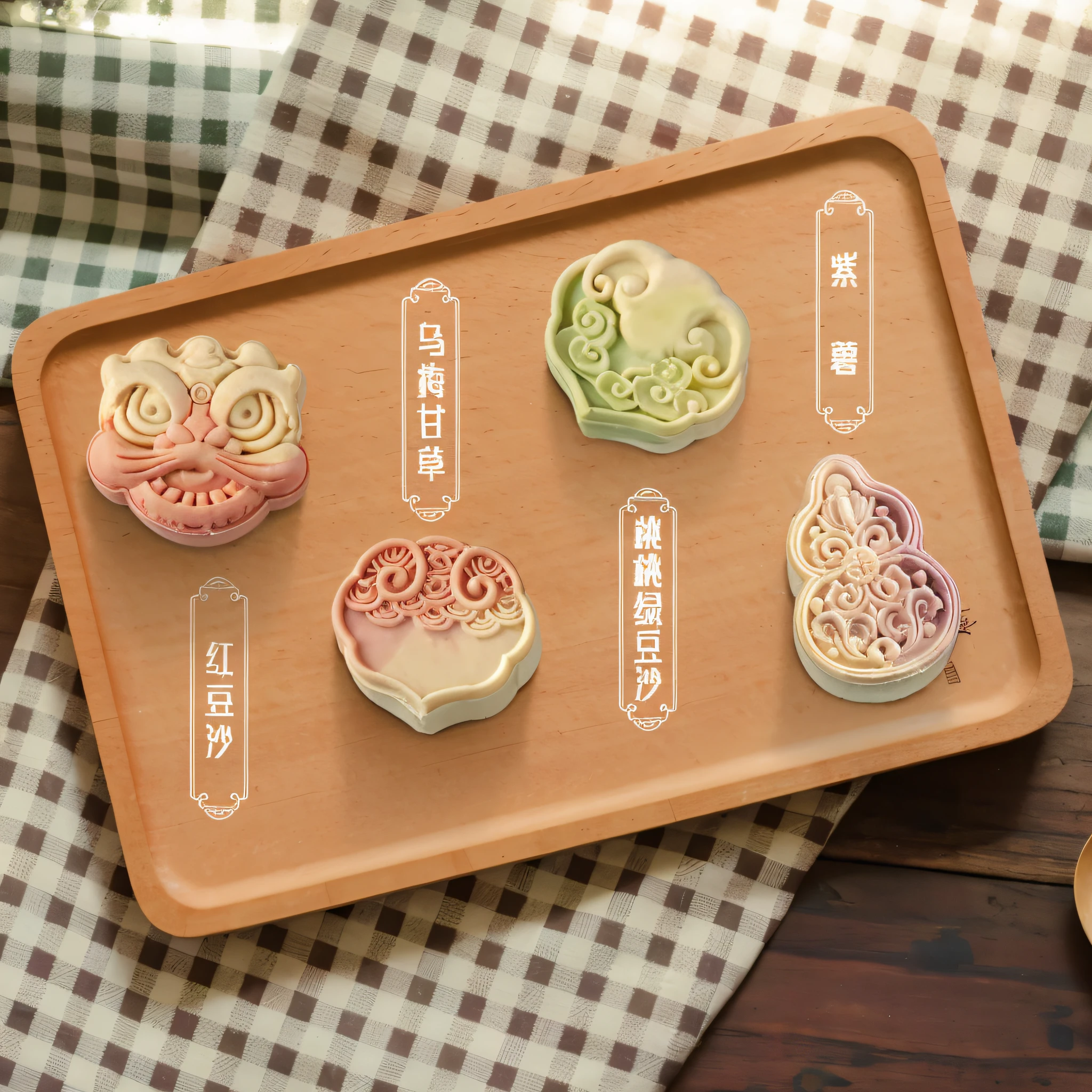 There are four different types of cookies on the tray, natural soft light,on a wooden tray, pastel colorful mold,