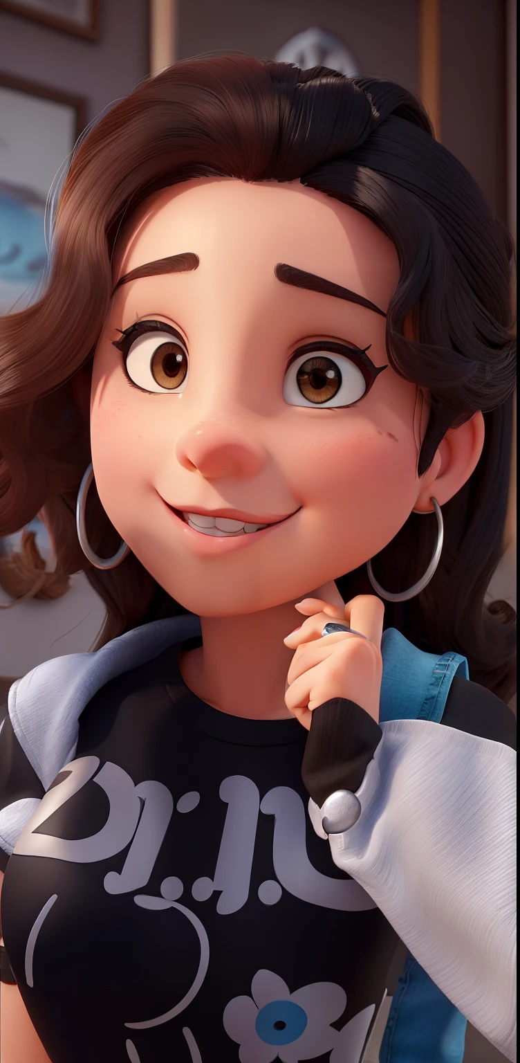 Um mulher morena baixinha tenho 1,58 de altura tem curto, Medium curly, Cabelos castanhos escuros, olho castanho claro, tem sobrancelhas pretas bem desenhadas, Is wearing silver hoop earrings, uma boca bonita, Is wearing a ripped blue denim jacket, Is wearing black and white, Blusa Mickey Mouse, Is taking a selfie with I'm 22 years old, Her name is Larissa, It's sexy, sensual, encantador, gorgeous