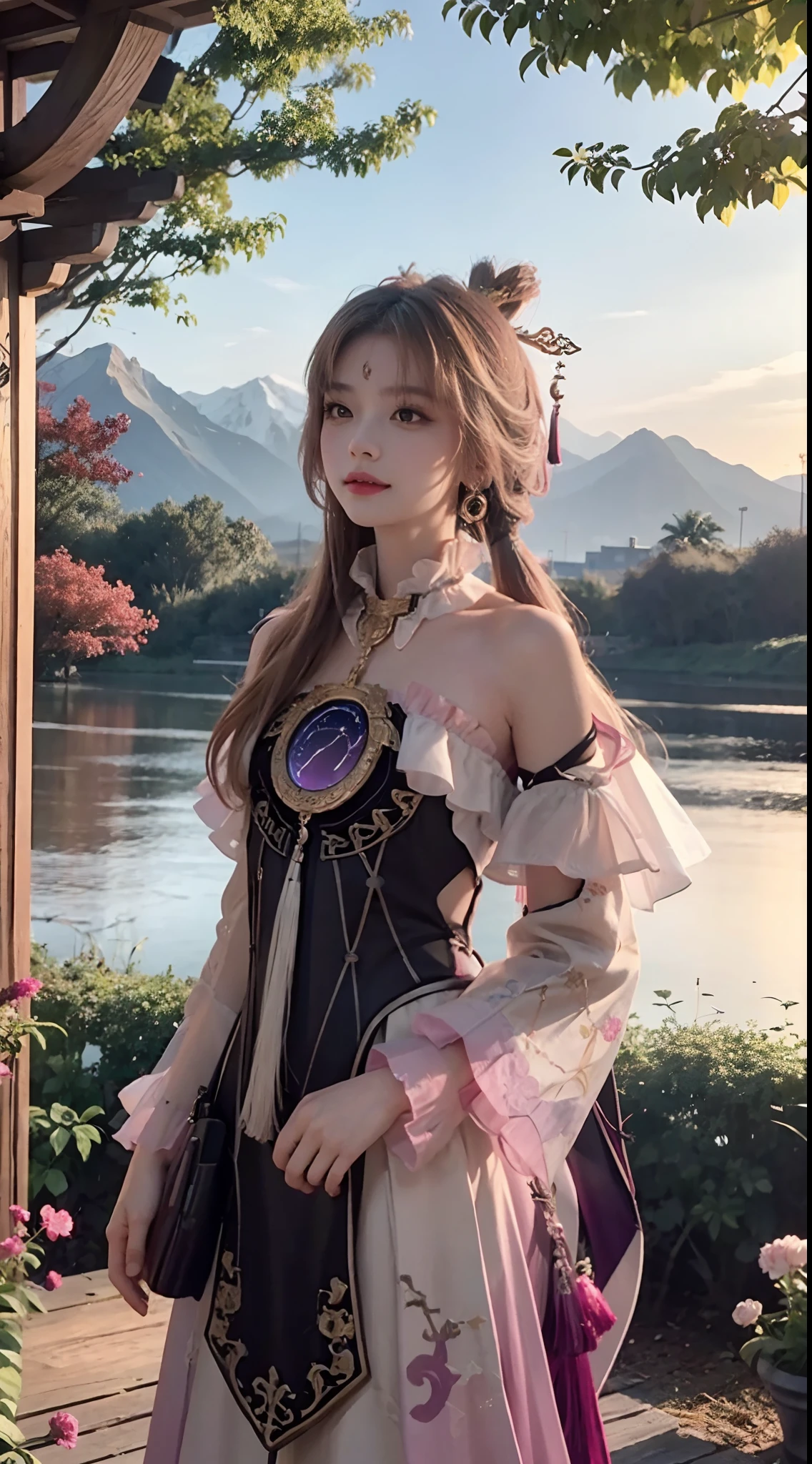 A girl standing on a flower field looking up,, delicate background, distant mountains, trees BREAK production art, (warm light source: 1.2), intricate details, volumetric lighting BREAK (masterpiece: 1.2), (best quality), 4k, super detailed, (dynamic composition: 1.4), rich detail, (luminous, atmospheric lighting), (solo: 1.2), especially many details, delicate hair, messy hair, smile, sunset, hanfu, antique style,