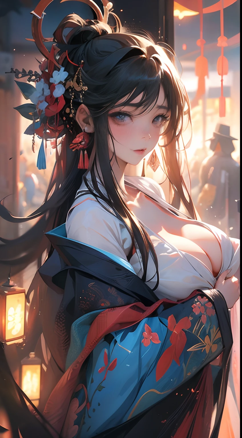 Yoshitaka Amano, James Jean, Maurice Sendak, Surreal, mysterious, strange, fantastical, fantasy, sci-fi, Japanese anime, she goes to meet herself she's never seen before, and she saves Tokyo, perfect voluminous body, hentai girl, huge tits fondling areola, perky nipples. Wet wet camrltoe, sexy erotic sensual provocative body, Those who play in a pale multicolored dream, hyper detailed masterpiece