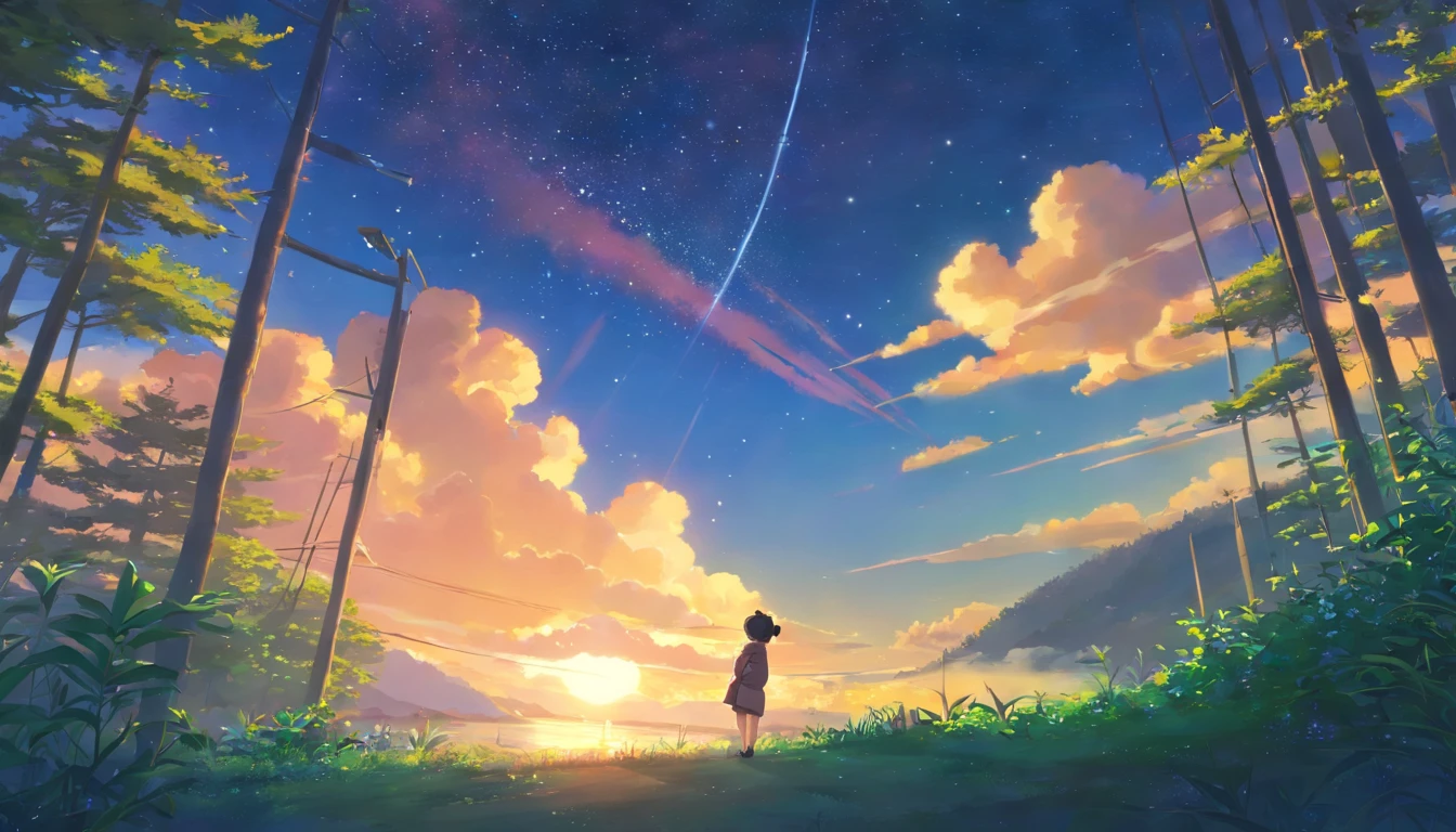 tmasterpiece, best qualityer, cinematic Film still from, 1panda, Panda Cloud, brightly, cheerfulness, Soft lighting and warmth, natta, Panda looking up at the stars in the forest,Turn your back to the stars, Starry sky, (spark of light: 0,7)