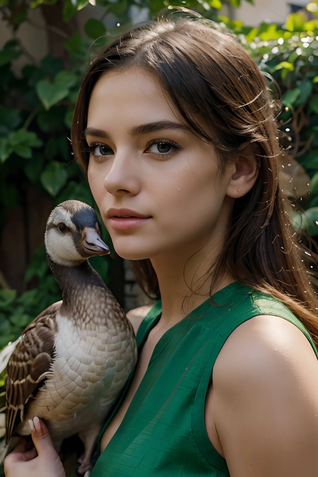 A girl playing with a goose in a Marvel-themed garden, using vibrant colors and realistic lighting, creating a high-quality, detailed, and vivid artwork. The girl has beautiful detailed eyes, long eyelashes, and expressive lips. The garden is filled with lush green plants and vibrant flowers. The goose is depicted with fine feathers and a playful expression. The artwork is created using a combination of digital painting and professional studio lighting techniques, resulting in a photorealistic and visually stunning masterpiece.