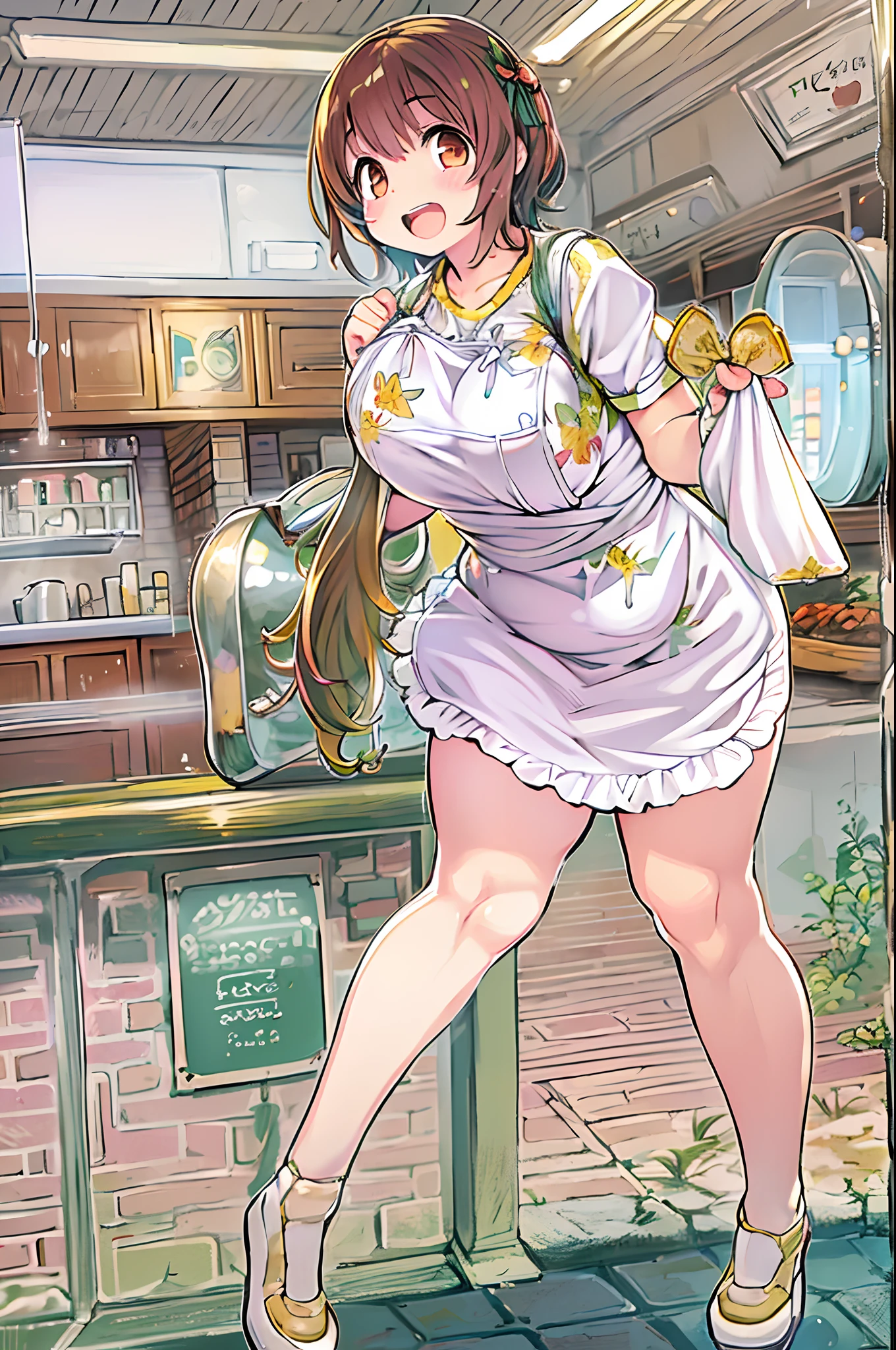 JPNIDOL, 1girl in, masutepiece, High quality, Looking at Viewer,bbw、huge-breasted、entranceway、Wearing an apron、meeting、house wife、mami