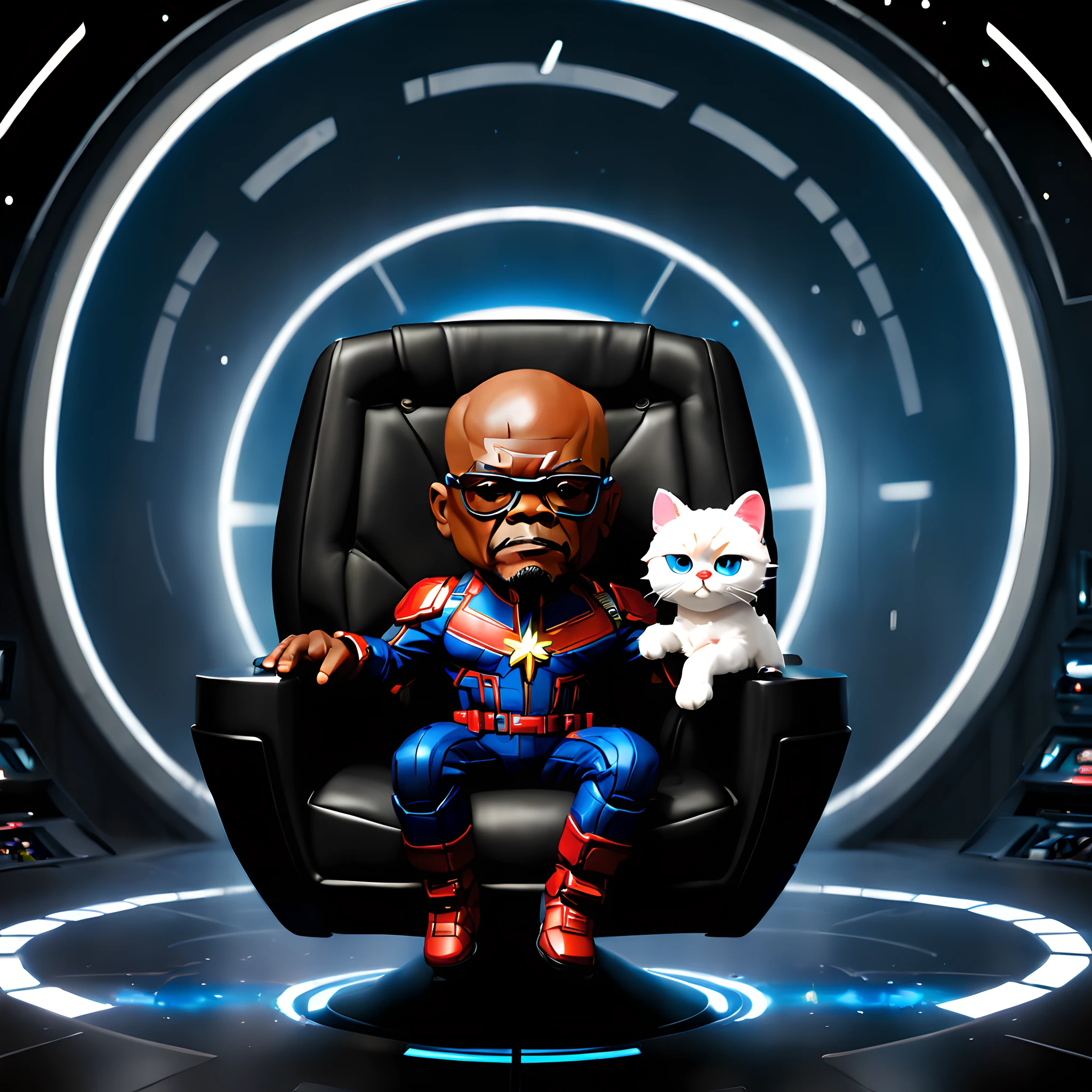 (Pixel art:1.5), (pixel theme:1.5), (chibi emote:1.5), (chibi character:1.5),(fantasy:1.5), (Inspiration from Captain Marvel:1.5), (Samuel L. Jackson sits in a futuric black chair, Holding a cat:1.5), (at avengers base:1.5),(Flerken:1.59,