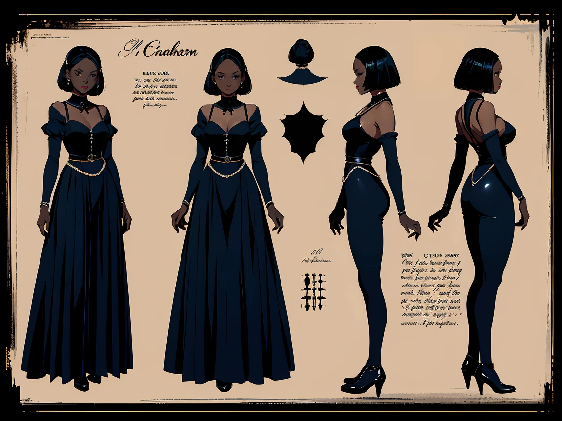 A girl, 1girl, dark skin, full body, front full body view, character sheet, back full body view, vintage horror, 1940s, shapes, gothic, vintage, sexy, anime style, (clear background:1.0),(( consistent character))