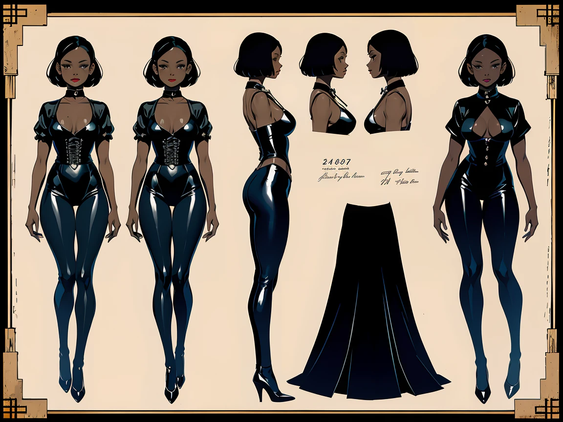 A girl, 1girl, dark skin, full body, front full body view, character sheet, back full body view, vintage horror, 1940s, shapes, gothic, vintage, sexy, anime style, (clear background:1.0)