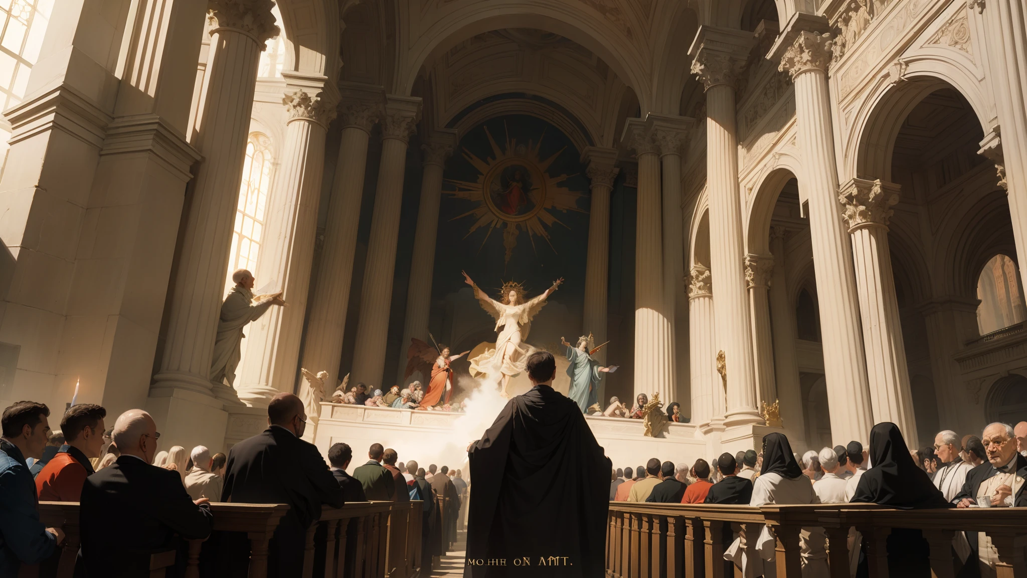 Jesus crucified stands behind the priest who has his back to Jesus on an altar in the Catholic church and Jesus is spilling his blood that comes out of his heart and falls into the chalice that the priest holds in his hands that is above the altar at mass.