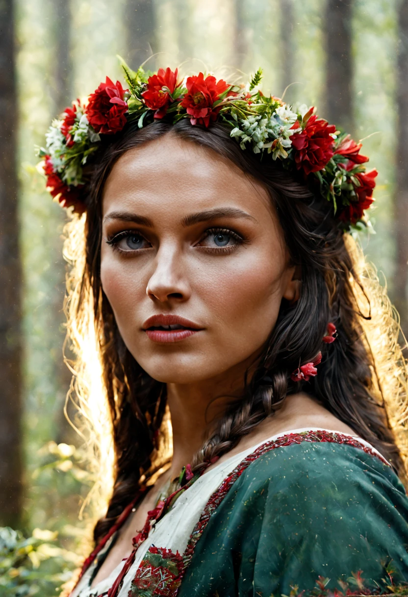 Vintage poster of a beautiful Slavic woman’s face in traditional slavic costume, flower crown, dancing in the forest, realistic style, concept art, Gabriele Dell'otto, Style AI Midjourney,