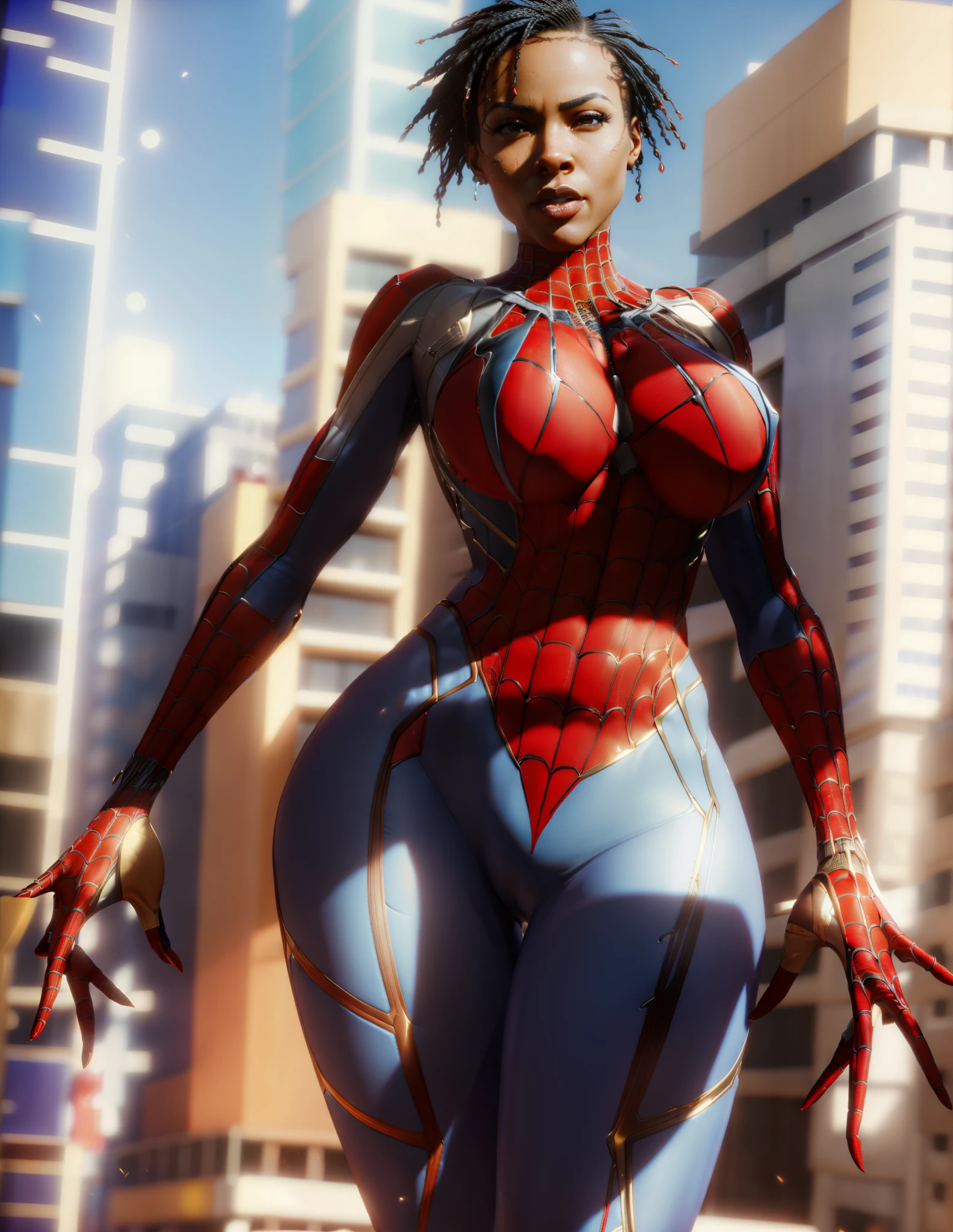 3d African-American female SpidermanClasic , sexy ((without mask))
flying with buildings in the background, dynamic pose, masterpiece, highres, photorealistic, best quality, perfect lighting, adult, mature, female, 1girl, 8k, realistic, photo-realistic, ultra-detailed, fullbody