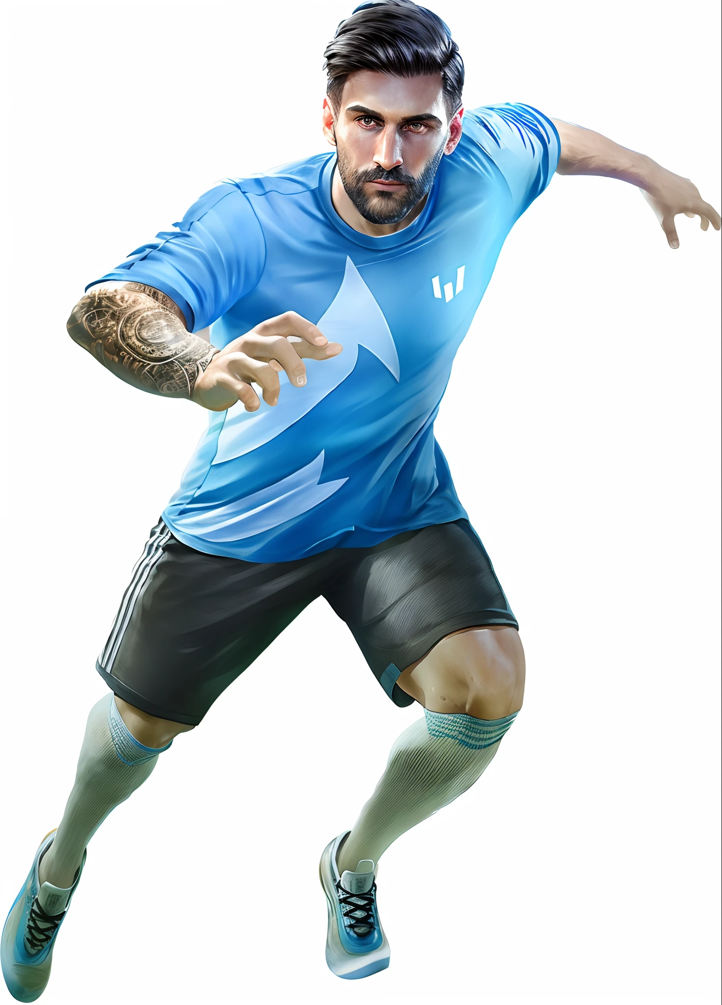 An Alafid man in a blue shirt and black shorts plays football, Inspired by Hans Mertens, lionel messi portrait, tony sandoval. 8 k realistic, adidas painting, guillem h. pongiluppi, Inspired by Ludovit Fula, digitial painting, tony sart highly detailed, Digital art #oneshotgame, Official artwork HDR, digital painted
