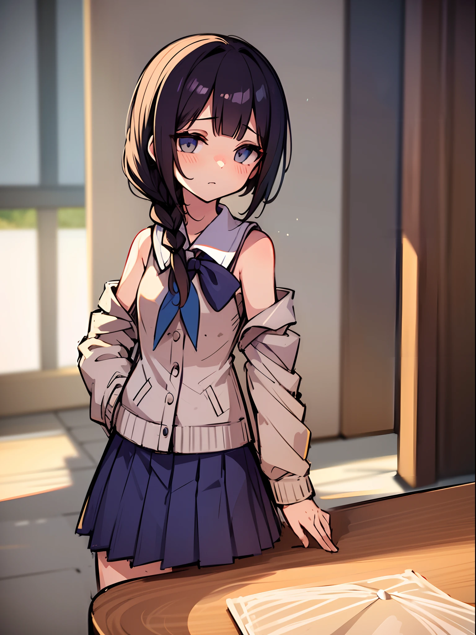 Top Quality, Masterpiece, Ultra High Resolution, 8K, Early Summer, (School Uniform, Blazer), Shōjo Manga Style Loli, Soft Line Art, Digital Enhancement, Shoujo Manga Touch, Shōjo Manga Core, (Shoulder Length Hair Length and Short Braid)), Soft Drawing, Fluffy, soft, beautiful black hair, clear eyes, ((gentle smile)), ultra-detailed digital anime art