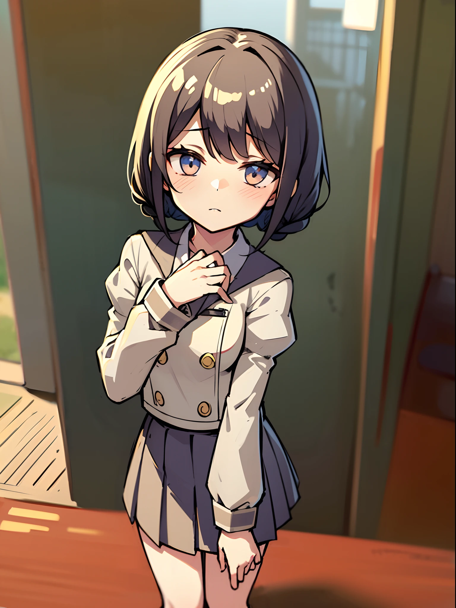 Top Quality, Masterpiece, Ultra High Resolution, 8K, Early Summer, (School Uniform, Blazer), Shōjo Manga Style , Soft Line Art, Digital Enhancement, Shoujo Manga Touch, Shōjo Manga Core, (Shoulder Length Hair Length and Short Braid)), Soft Drawing, Fluffy, soft, beautiful black hair, clear eyes, ((gentle smile)), ultra-detailed digital anime art