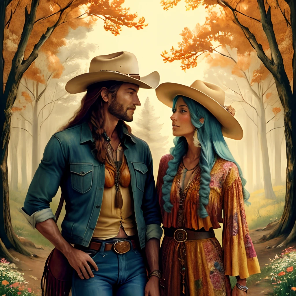 Men, women, hippies, cowboys and horses in 70's fashion get along in nature surrounded by flowers