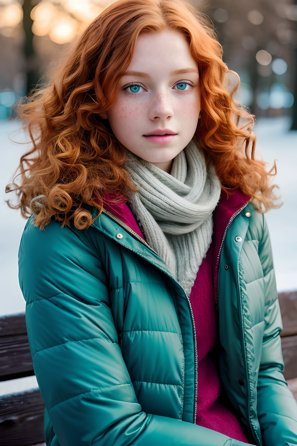 1girl in, , teenager, Solo, Aesthetic artwork, irish redhead, curly ginger hair, shoulder length ginger hair, light grey eyes, some small freckles, pale skin, small breasts, runners body, goosebumps, on a park bench sitting down, snow, snowy city park background, relaxing, innocent, (extremely detailed 8k wallpaper), (soft lighting), high quality, film grain, Fujifilm XT3 sharp focus, f 5.6, 50mm, High Detail, Sharp focus, (outdoor light), (in a teal winter jacket: 1.8). A teal jacket, fluffy lining, crazy details, complex details, hyperdetailed