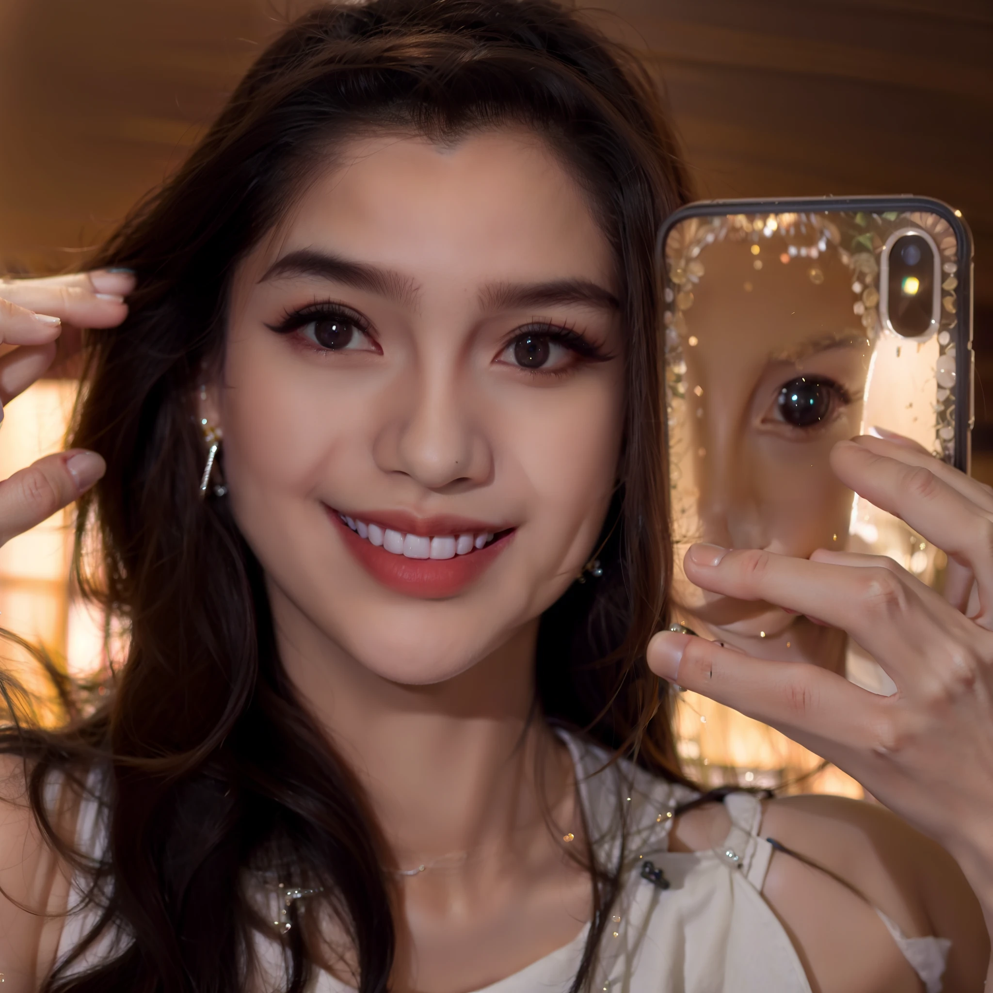 There's a woman taking a selfie with her phone, Alanis Guillen, Violeta Myers, Lorena Avarez, Ayahausca, pele latina, maquiagem, Mulher mexicana bonita, lindo rosto latino, brasileiro, Olhar peruano, rosto sexy com maquiagem completa, com maquiagem profissional, Modelo do Instagram, imagem de perfil, foto de perfil headshot, compor, maquiagem grossa e extravagante