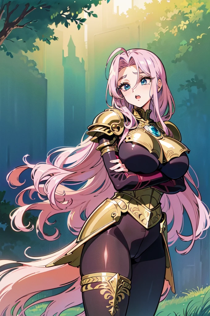 "(masterpiece:1.1), best quality,
1girl, (80s anime style:1.4), (eyelashes:1.5),
(intricate high detailed body:1.2),
pink hair,
(forehead, hair slicked back:1.2), (long hair, wavy hair:1.1), (crown:1.2),
blue eyes, (thick eyebrows:1.1),
(gigantic breasts:1.3),
shy, open mouth,
(golden embroidery body suit armor:1.2), (pantyhose:1.3),
(knight armor, armored boots:1.2), (frill:1.1), (ahoge:1.2), long gloves,
standing, crossed arms,
(upper body:1.1),
(grassland, outdoors:1.2)"
