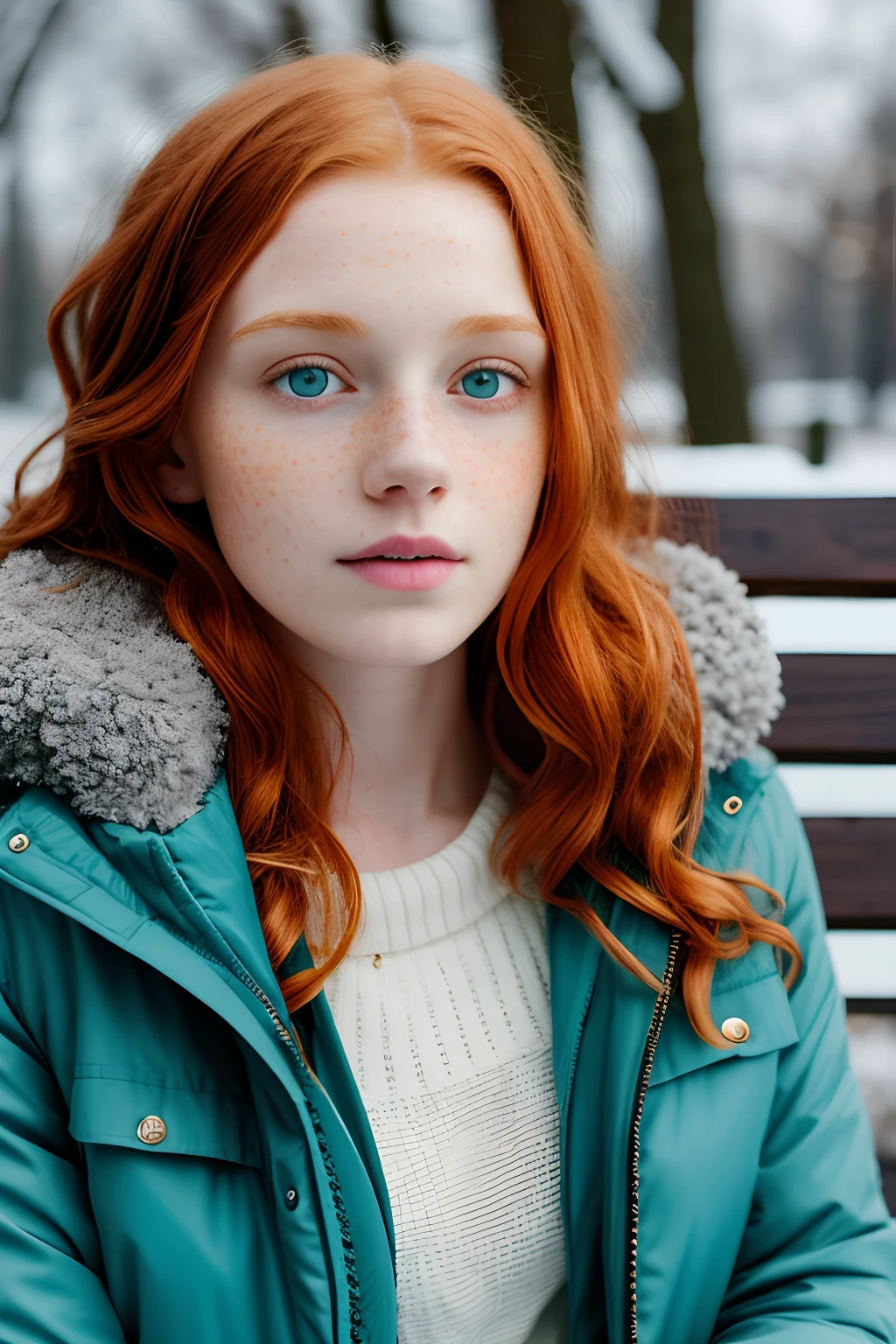 1girl in, , teenager, Solo, Aesthetic artwork, irish redhead, curly ginger hair, shoulder length ginger hair, light grey eyes, some small freckles, pale skin, small breasts, runners body, goosebumps, on a park bench sitting down, snow, snowy city park background, relaxing, innocent, (extremely detailed 8k wallpaper), (soft lighting), high quality, film grain, Fujifilm XT3 sharp focus, f 5.6, 50mm, High Detail, Sharp focus, (outdoor light), (in a teal winter jacket: 1.8). A teal jacket, fluffy lining, crazy details, complex details, hyperdetailed