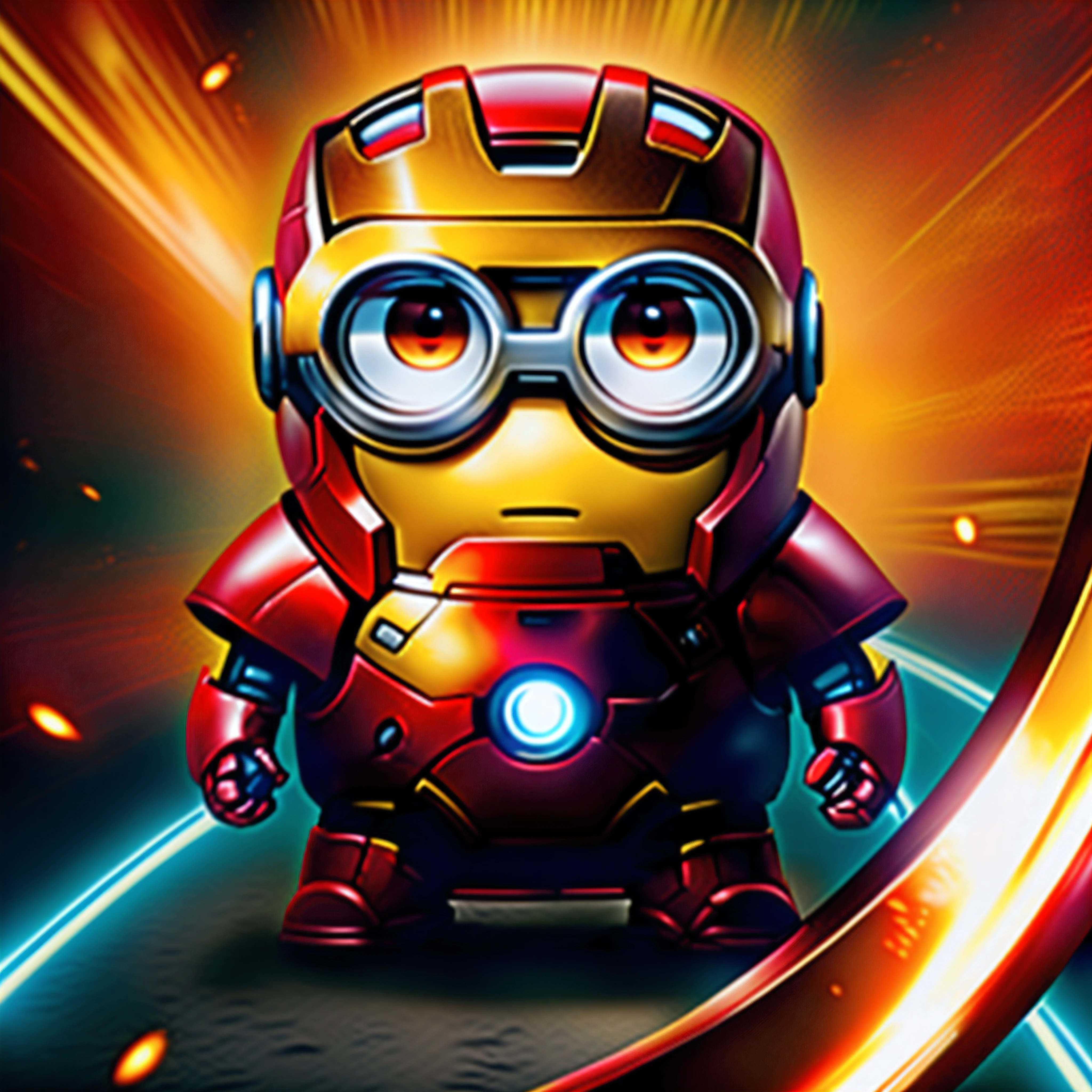 Close-up of a minion in a suit，Behind the light shines, Minions Iron Man, totoro as iron man, minion in space, 3 d icon for mobile game, like ironman, Iron Man, Marvel Super Heroes, superior iron man, high detail iconic character, Avatar image, super hero art, portrait of iron man, Running dog, minions digimon