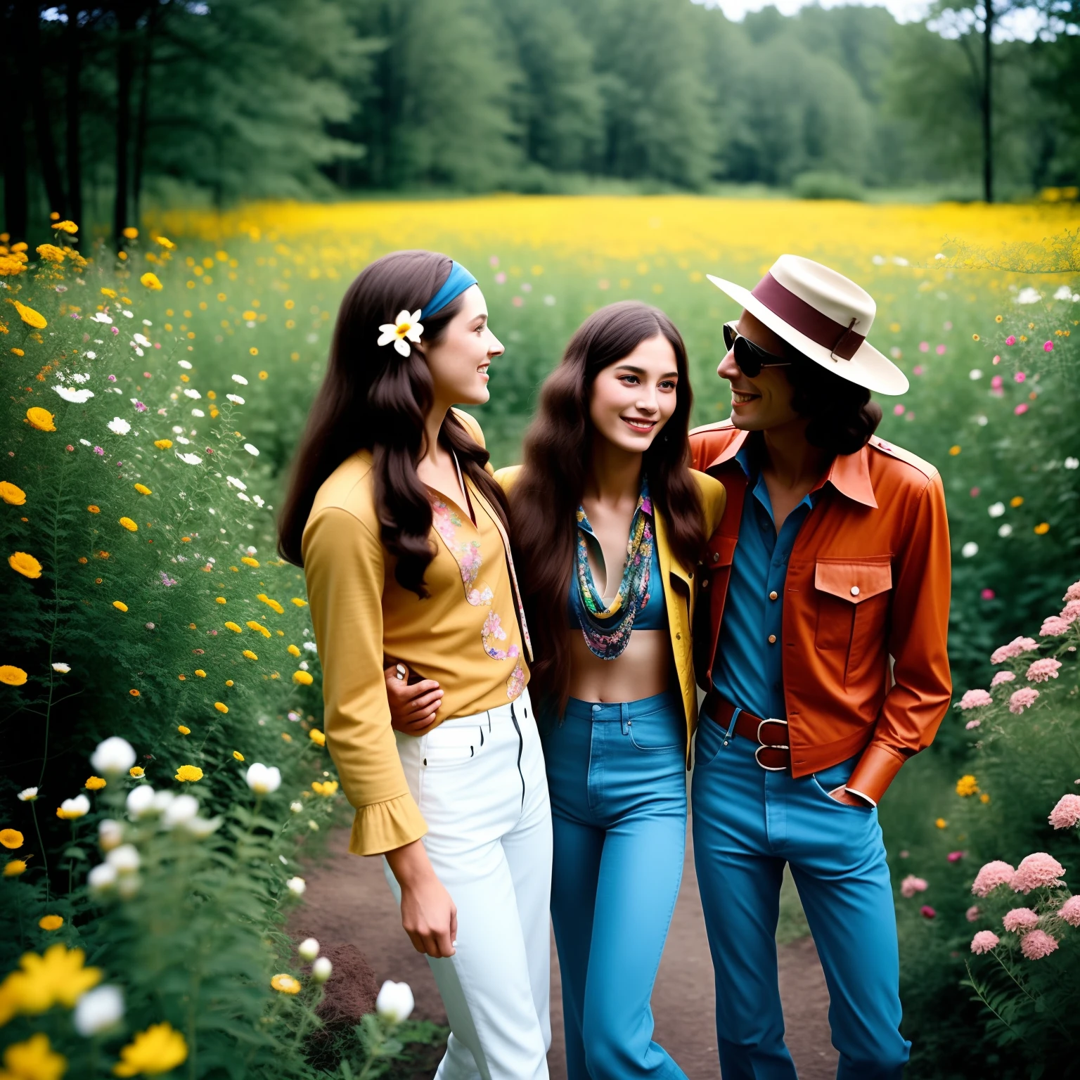 Men and women in 70s fashion and hippies getting along in nature surrounded by flowers