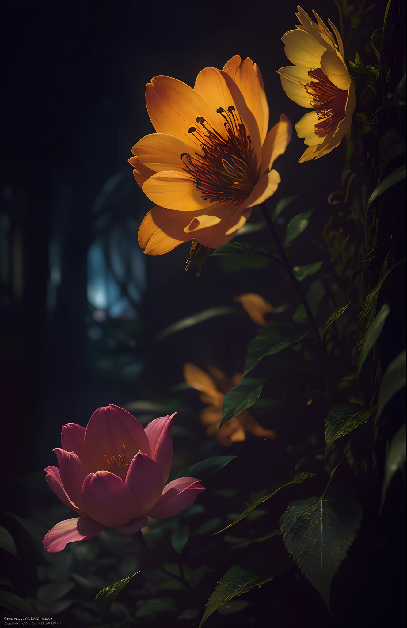 A flower by Casey Weldon, Olga Kvasha, Miho Hirano, hyperdetailed intricately detailed gothic art trending on Artstation triadic colors Unreal Engine 5 detailed matte painting, deep color, fantastical, intricate detail, splash screen, complementary colors, fantasy concept art, 8k resolution, gothic deviantart masterpiece, (dark shot:1.4), art by greg rutkowski and artgerm, soft cinematic light, adobe lightroom, photolab, hdr, intricate, highly detailed, (depth of field:1.4)