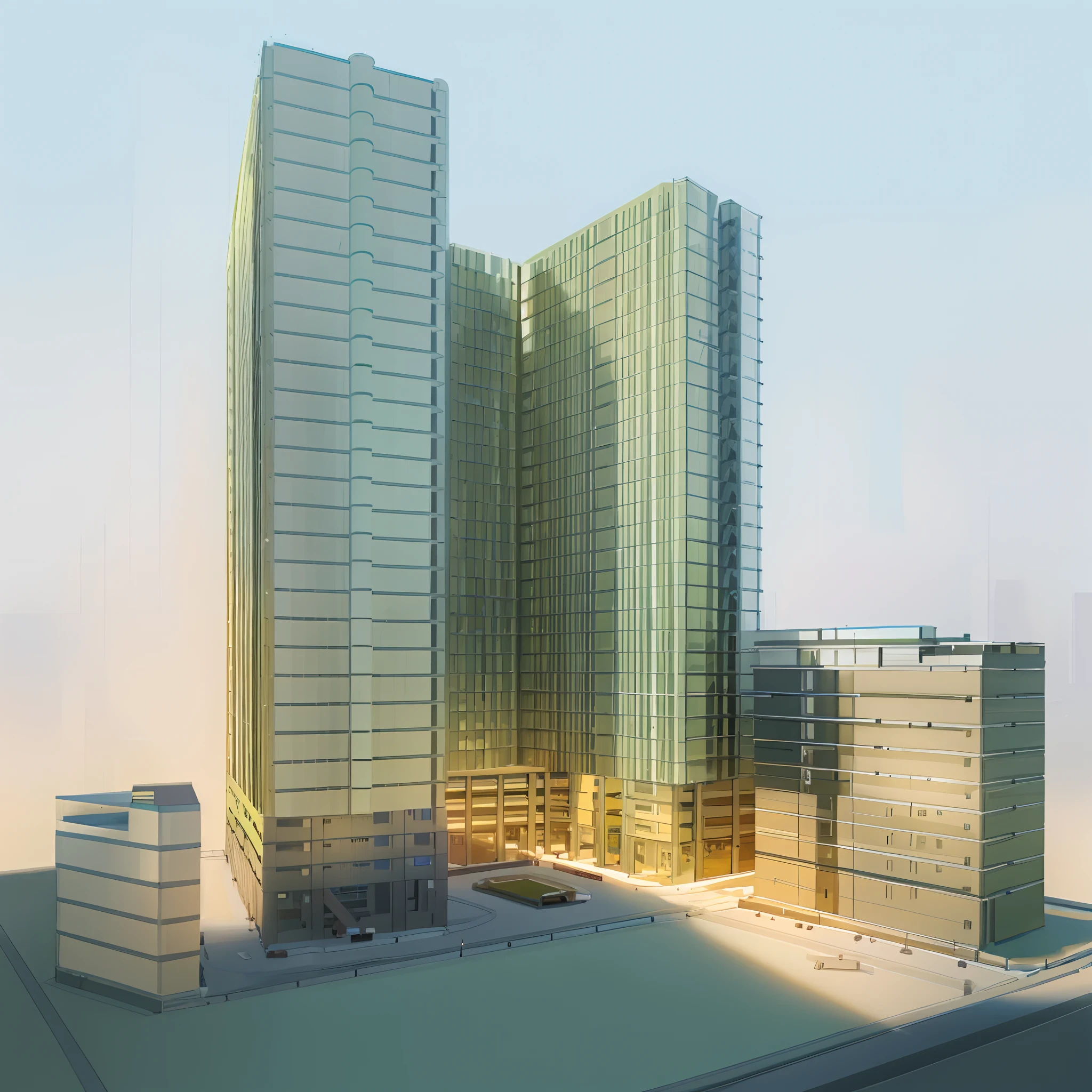 a drawing of a tall building with a lot of windows, concept image, rendering of checkmate, perspective view, sharp hq rendering, conceptual rendering, architectural rendering, detailed rendering, conceptual, architecture render, concept drawing, rendered, architectural concept diagram, radiosity rendering, architectural illustration, from street level, digital model, view from ground level, architectural concept,blue sk,yellow sunshine,joont graden,aluminum window and doors,hight quality image 8k,the terrace is planted with green trees