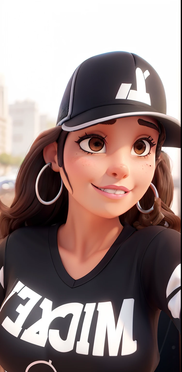 Uma mulher morena baixinha tenho 1,58 tall has dark brown hair short medium curly light brown eye has tattoo is wearing black and pink cap Lacoste has the l on the front written Lacoste is wearing a black and white Mickey blouse is wearing silver hoop earrings is wearing black makeup Well-designed black eyebrow and a beautiful mouth has big boobs