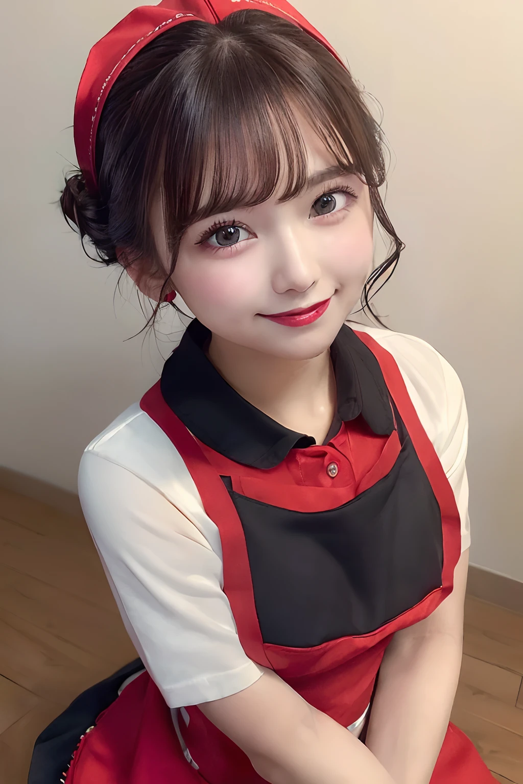 ((best quality, 8K, masterpiece)), ultra detailed, sharp focus, 1 cute girl, ((red apron:1.4)), (updo:1.4), (simple collared shirts:1.4), highly detailed face and skin texture, ((detailed eyes)), ((beautiful black eyes:1.2)), (smile:1.15), (closed mouth), (cafe)