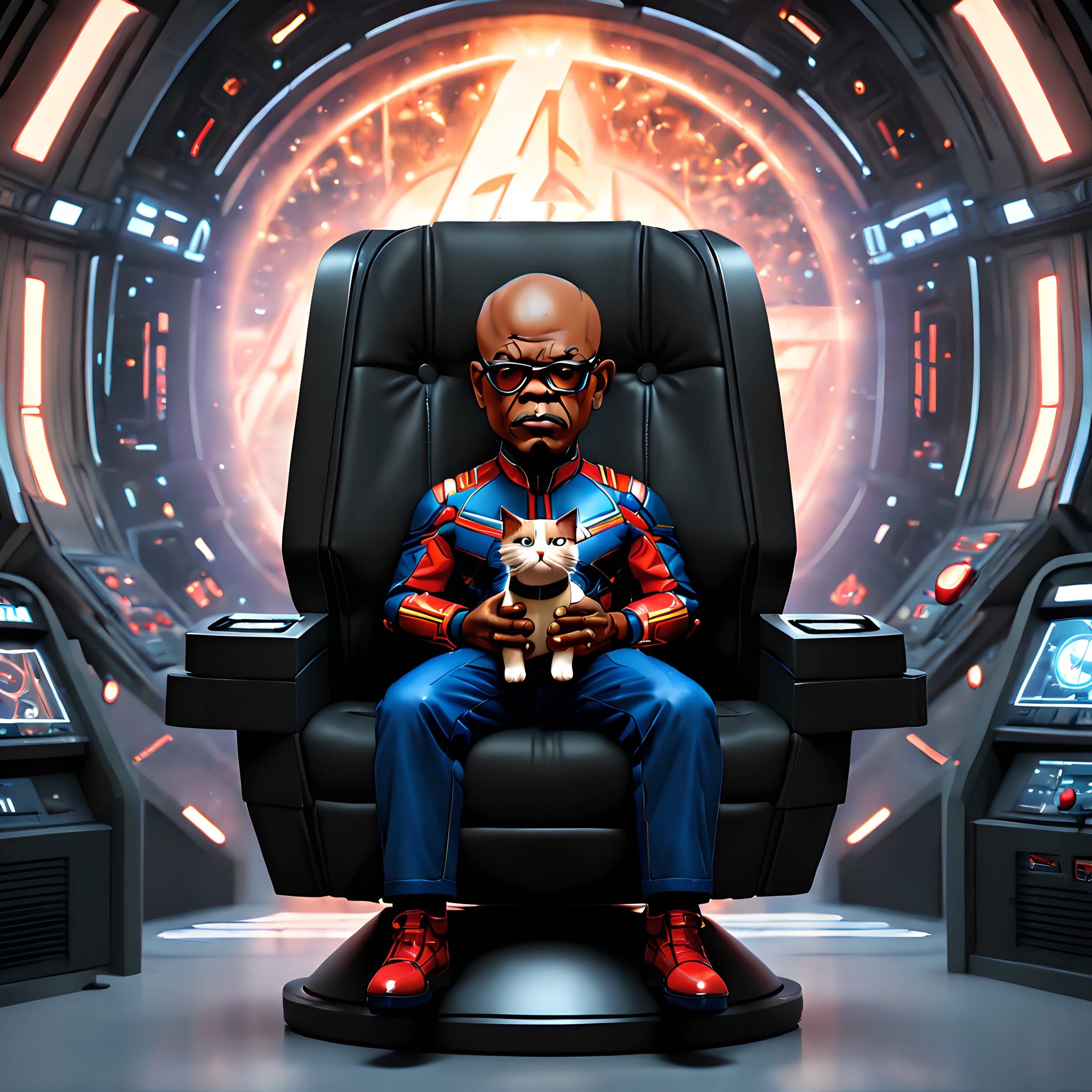 (Pixel art:1.5), (pixel theme:1.5), (chibi emote:1.5), (chibi character:1.5),(fantasy:1.5), (Inspiration from Captain Marvel:1.5), (Samuel L. Jackson sits in a futuric black chair, Holding a cat:1.5), (at avengers base:1.5),(Flerken:1.59,