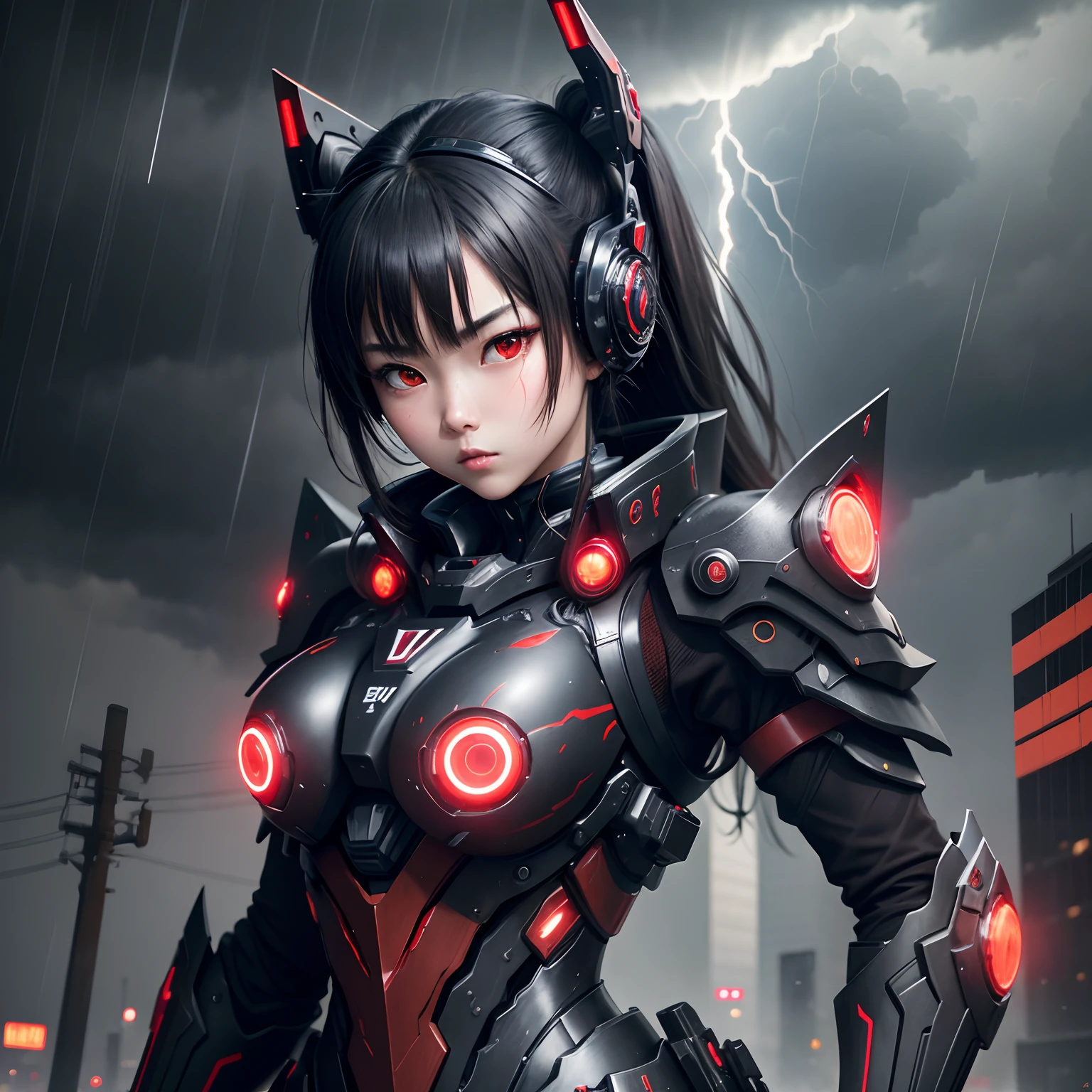 1 japanese girl, War Frame, complex pattern, heavy metal, energy line, Faceless, Glowing eyes, Elegant, Formidable, Blood red and black uniform, Solo, Modern, city, A city scape, dark clouds, thunderstorm, Heavy rain,, Dramatic Lighting,, (masutepiece:1.2), Best Quality, High resolution, Beautiful detailed, Extremely detailed, Perfect Lighting,