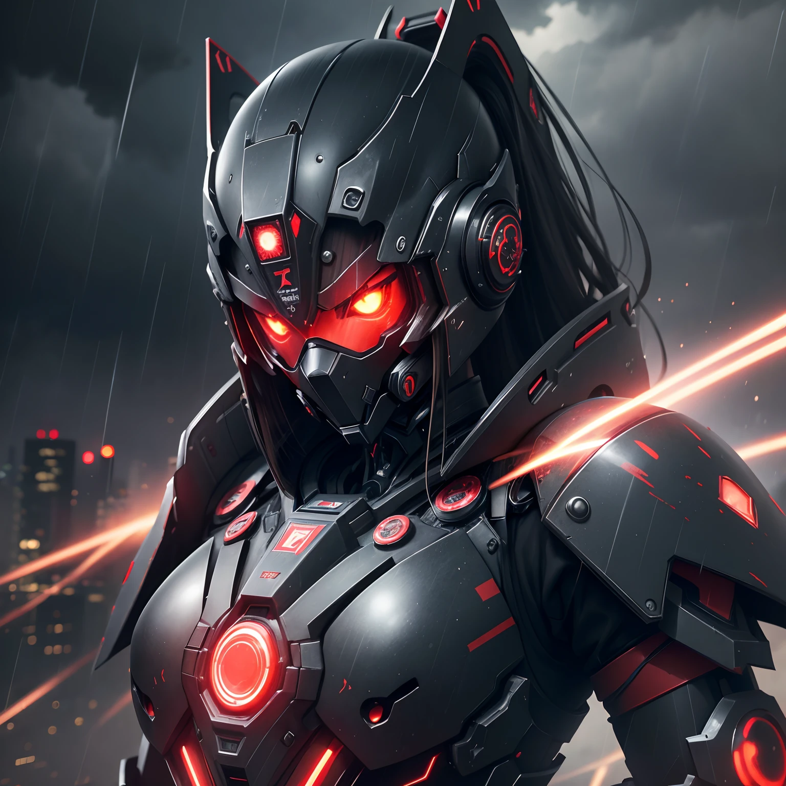 1 japanese girl, War Frame, complex pattern, heavy metal, energy line, Faceless, Glowing eyes, Elegant, Formidable, Blood red and black uniform, Solo, Modern, city, A city scape, dark clouds, thunderstorm, Heavy rain,, Dramatic Lighting,, (masutepiece:1.2), Best Quality, High resolution, Beautiful detailed, Extremely detailed, Perfect Lighting,