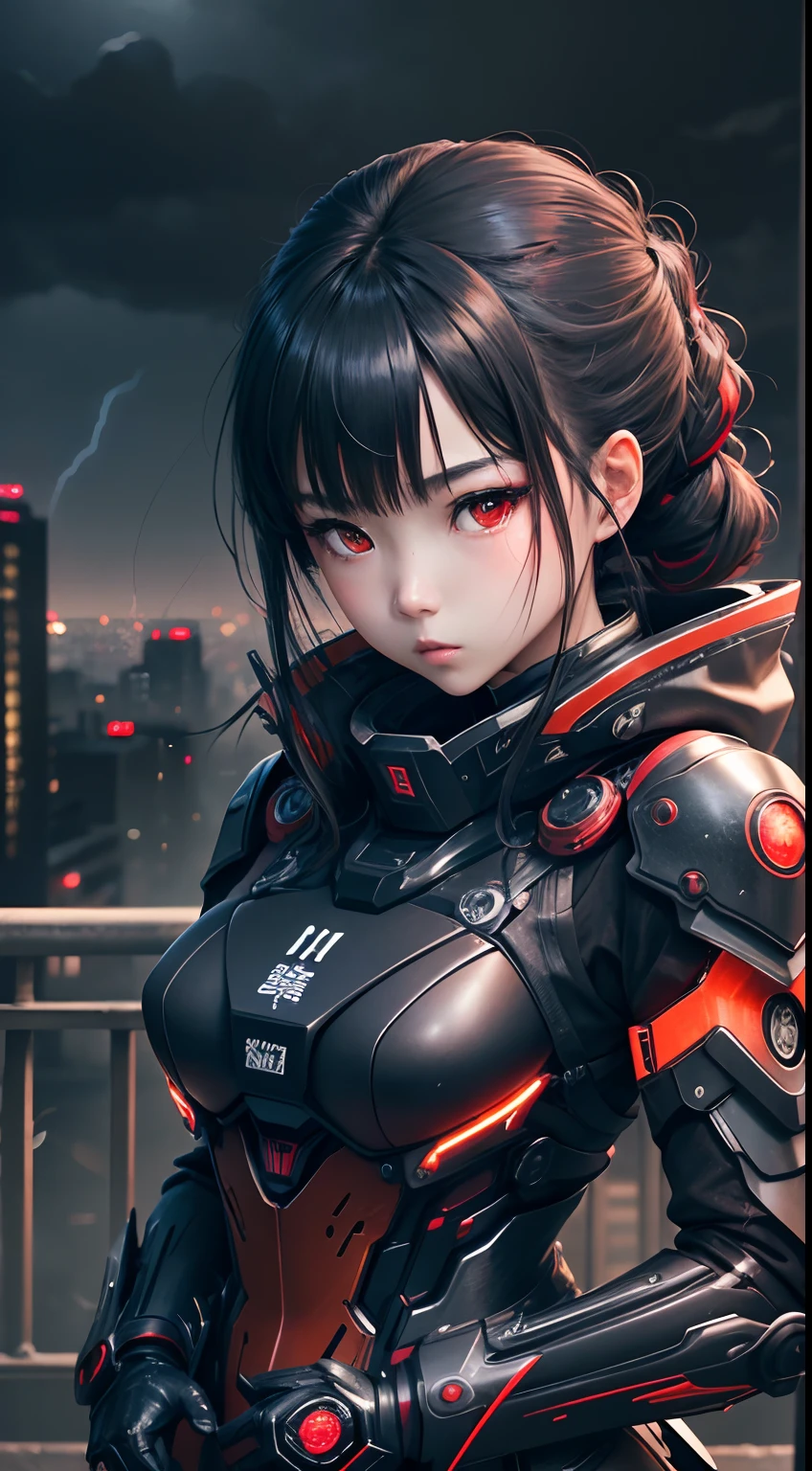 1 japanese girl, War Frame, Complex pattern, heavy metal, energy line, Faceless, Glowing eyes, Elegant, Formidable, Blood red and black uniform, Solo, Modern, city, A city scape, dark clouds, thunderstorm, Heavy rain,, Dramatic Lighting,, (masutepiece:1.2), Best Quality, High resolution,   Beautiful detailed, Extremely detailed, Perfect Lighting,