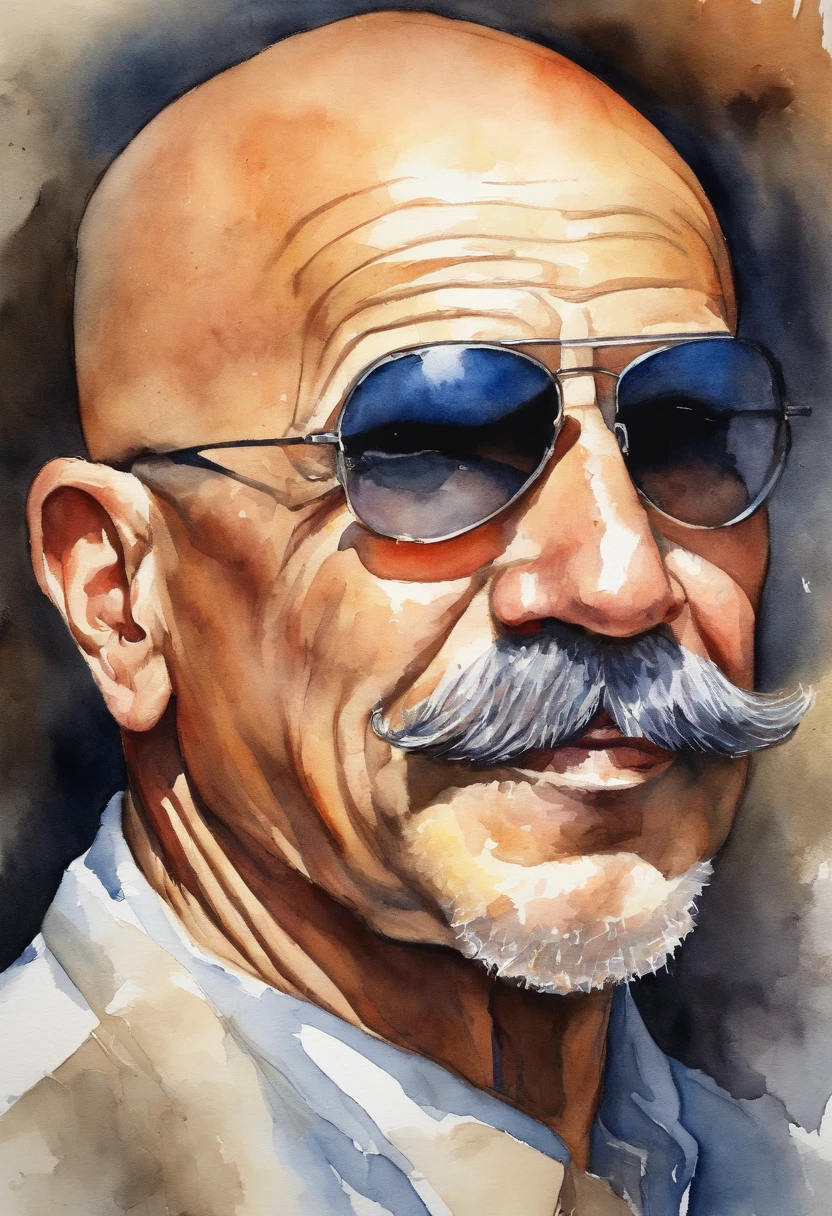 50-year-old man, bald, artistic portrait, mustache, sun glasses, baseball cap