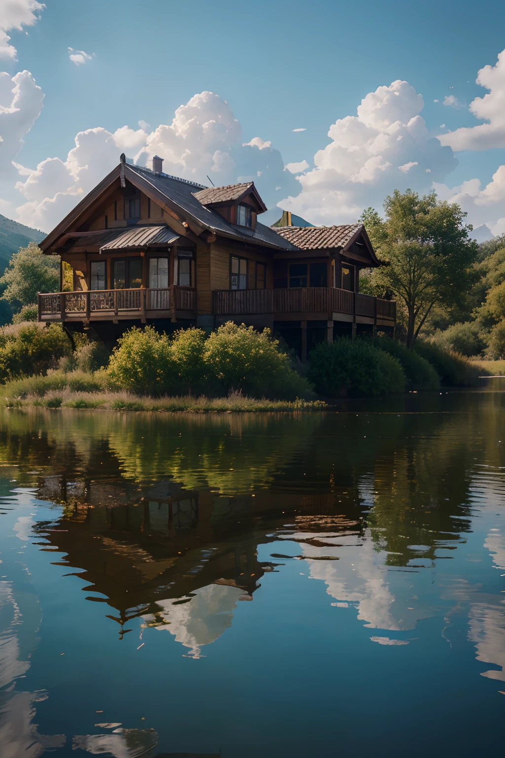 Masterpiece, best quality, high quality, extremely detailed CG unity 8k wallpaper, landscape, outdoor, sky,a house floating on a lake,purple lake, award winning photography, bokeh, depth of field, HDR, bloom, chromatic aberration, photorealism, very detailed, trending on artstation, trending on CGsociety, intricate, high detail, dramatic, half way art
